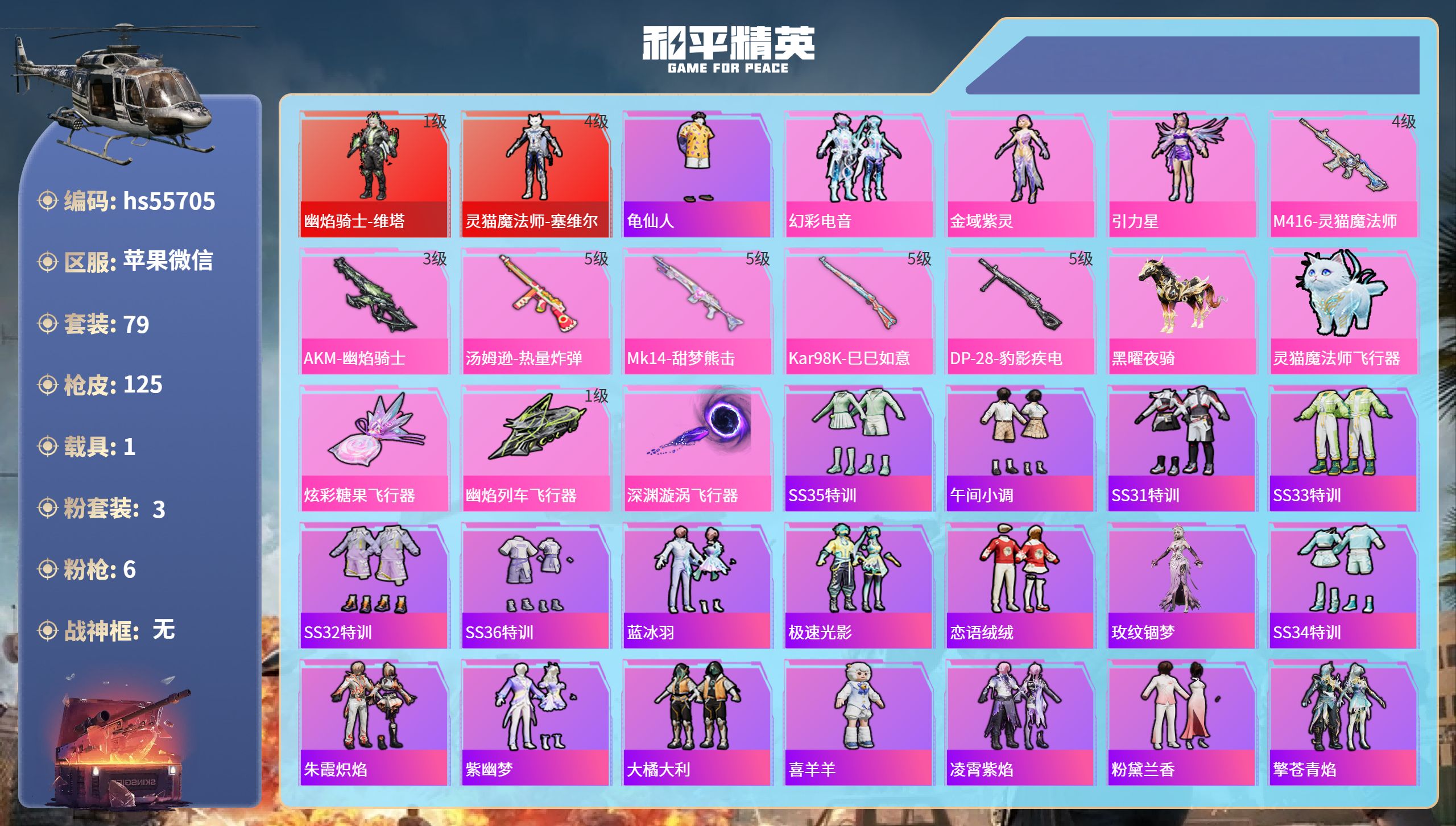 和平精英账号苹果微信hs55705 苹果微信-10王牌印记-2红装-3粉装-6特效枪-1载具-43619热力值-79套装