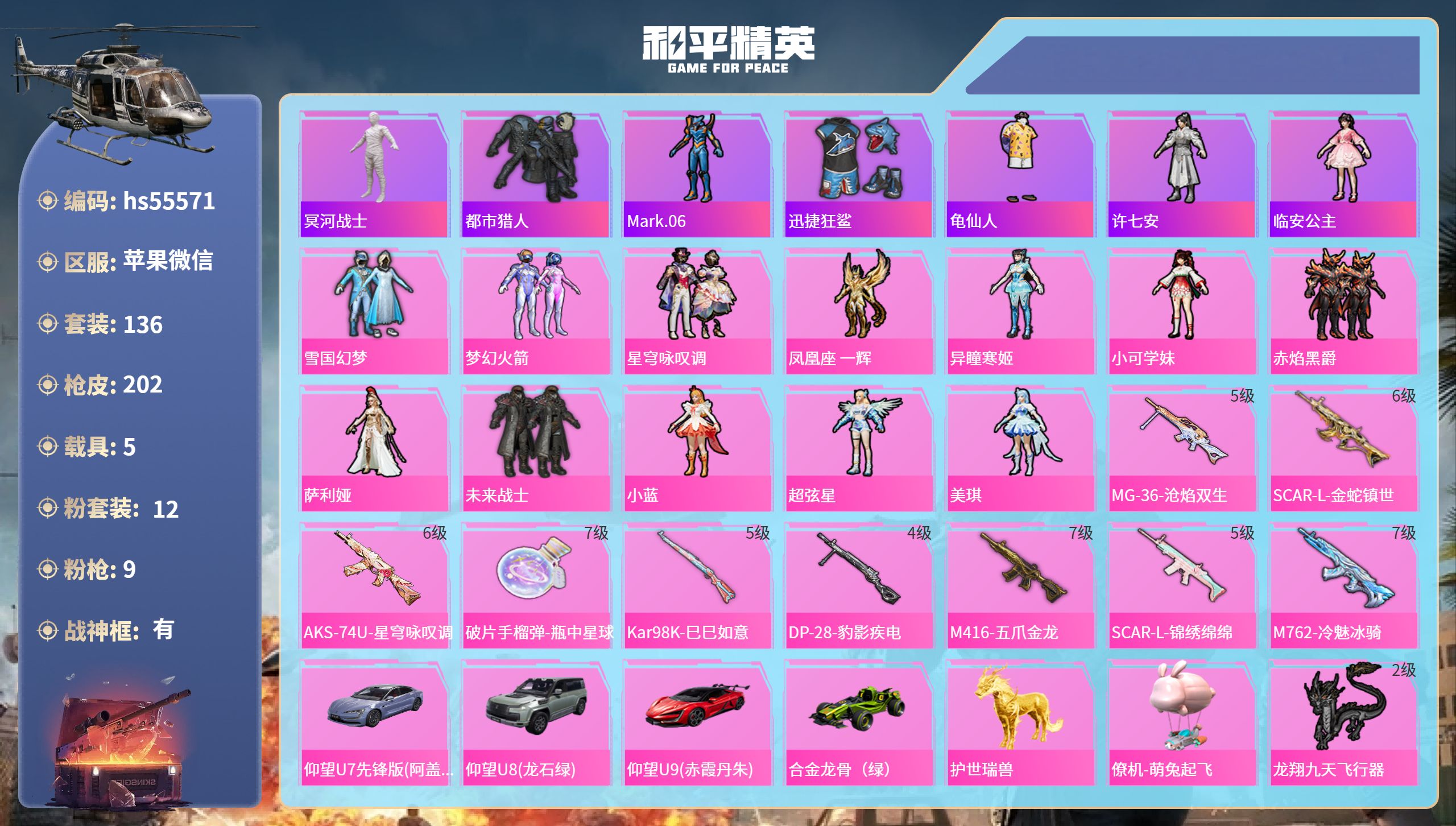 和平精英账号苹果微信hs55571 苹果微信-21王牌印记-有战神框-12粉装-9特效枪-5载具-75868热力值-13