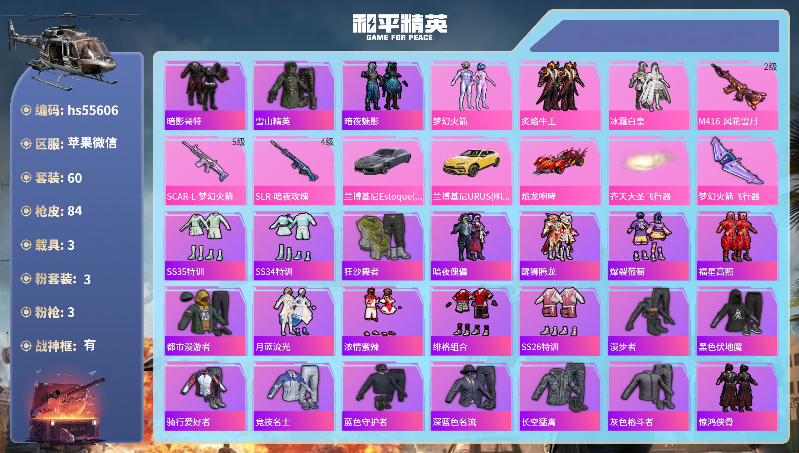 和平精英账号苹果微信hs55606 苹果微信-6王牌印记-有战神框-3粉装-3特效枪-3载具-32037热力值-60套装