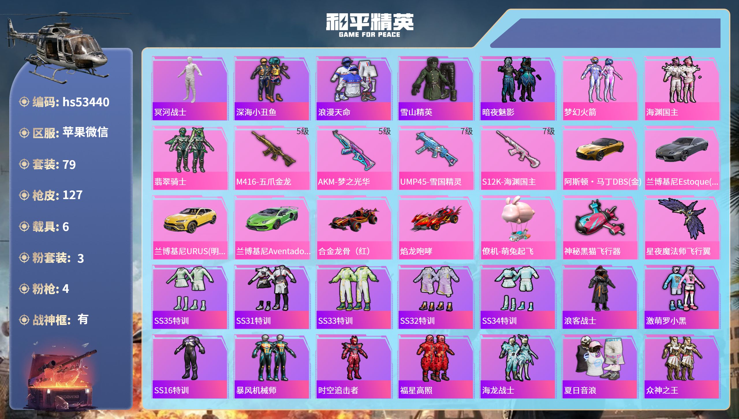 和平精英账号苹果微信hs53440 苹果微信-19王牌印记-有战神框-3粉装-4特效枪-6载具-54157热力值-79套