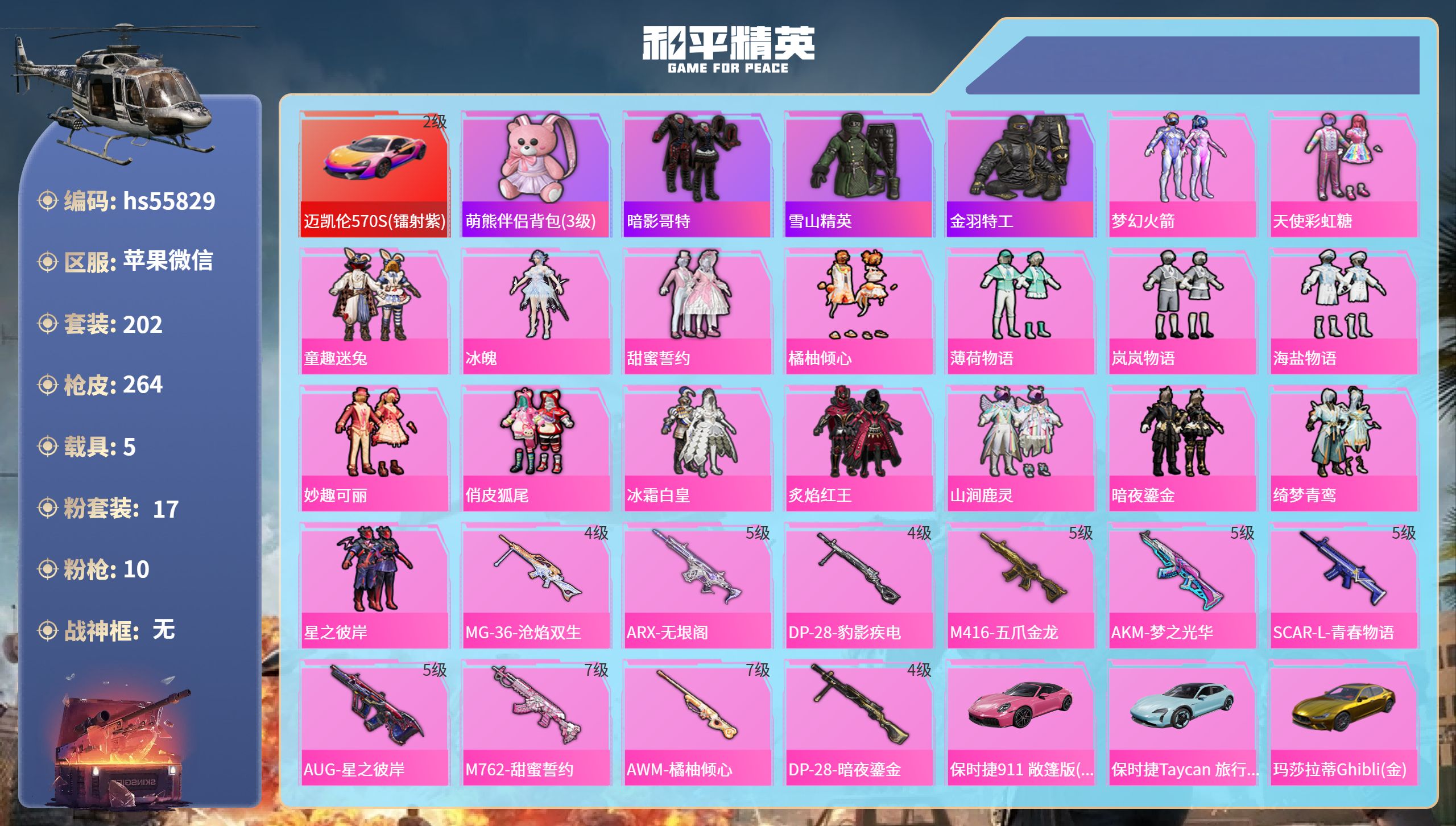 和平精英账号苹果微信5载具-202套装-264枪皮-hs55829 苹果微信-9王牌印记-17粉装-10特效枪-5载具-