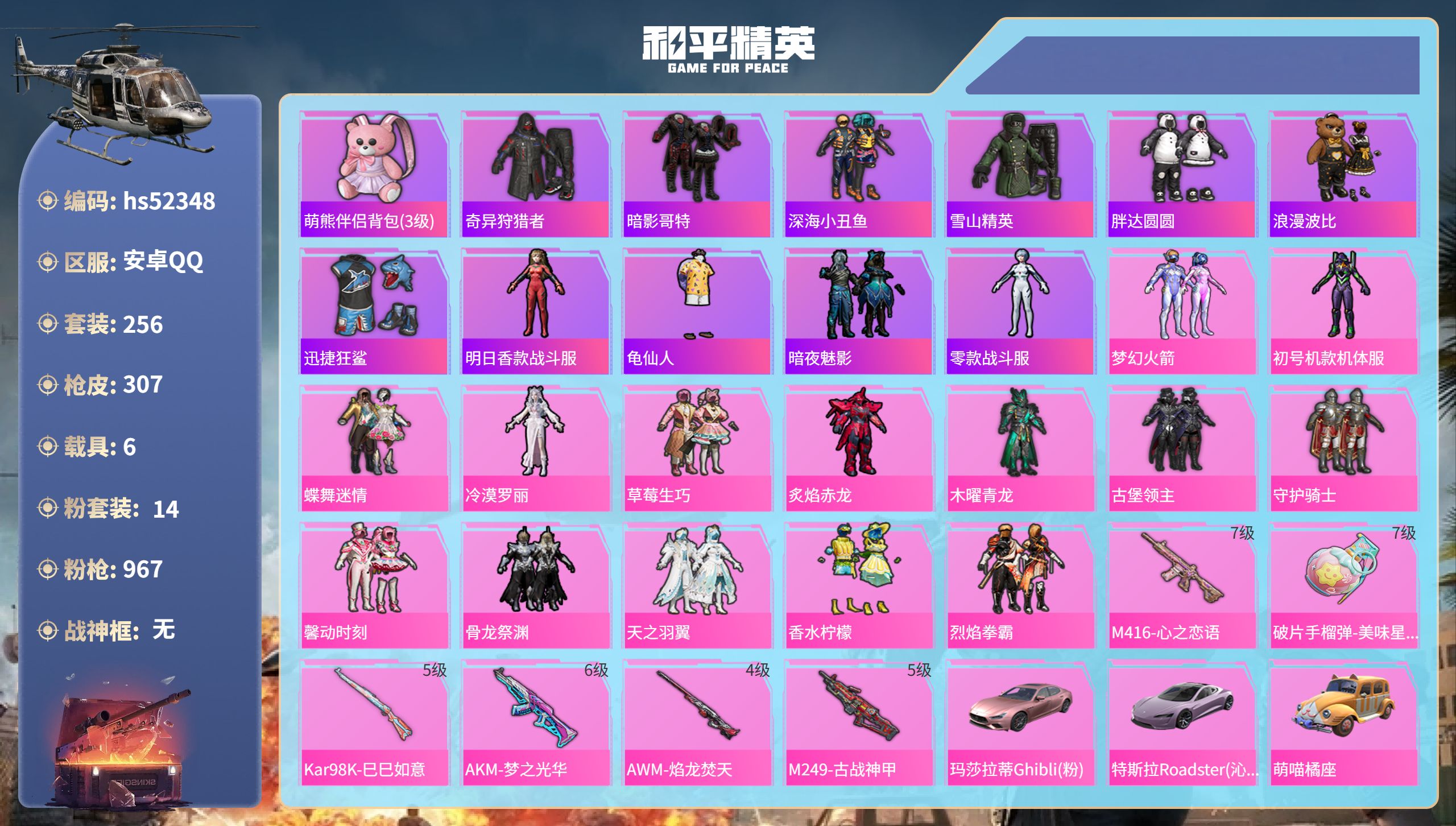 和平精英账号安卓QQhs52348 安卓手Q-27王牌印记-14粉装-6特效枪-6载具-热力值-256套装-307枪皮-