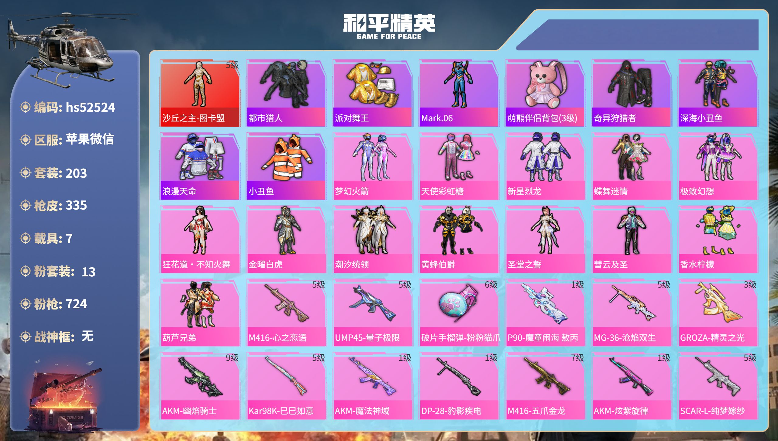 和平精英账号苹果微信hs52524 苹果微信-22王牌印记-1红装-13粉装-18特效枪-7载具-热力值-203套装-3