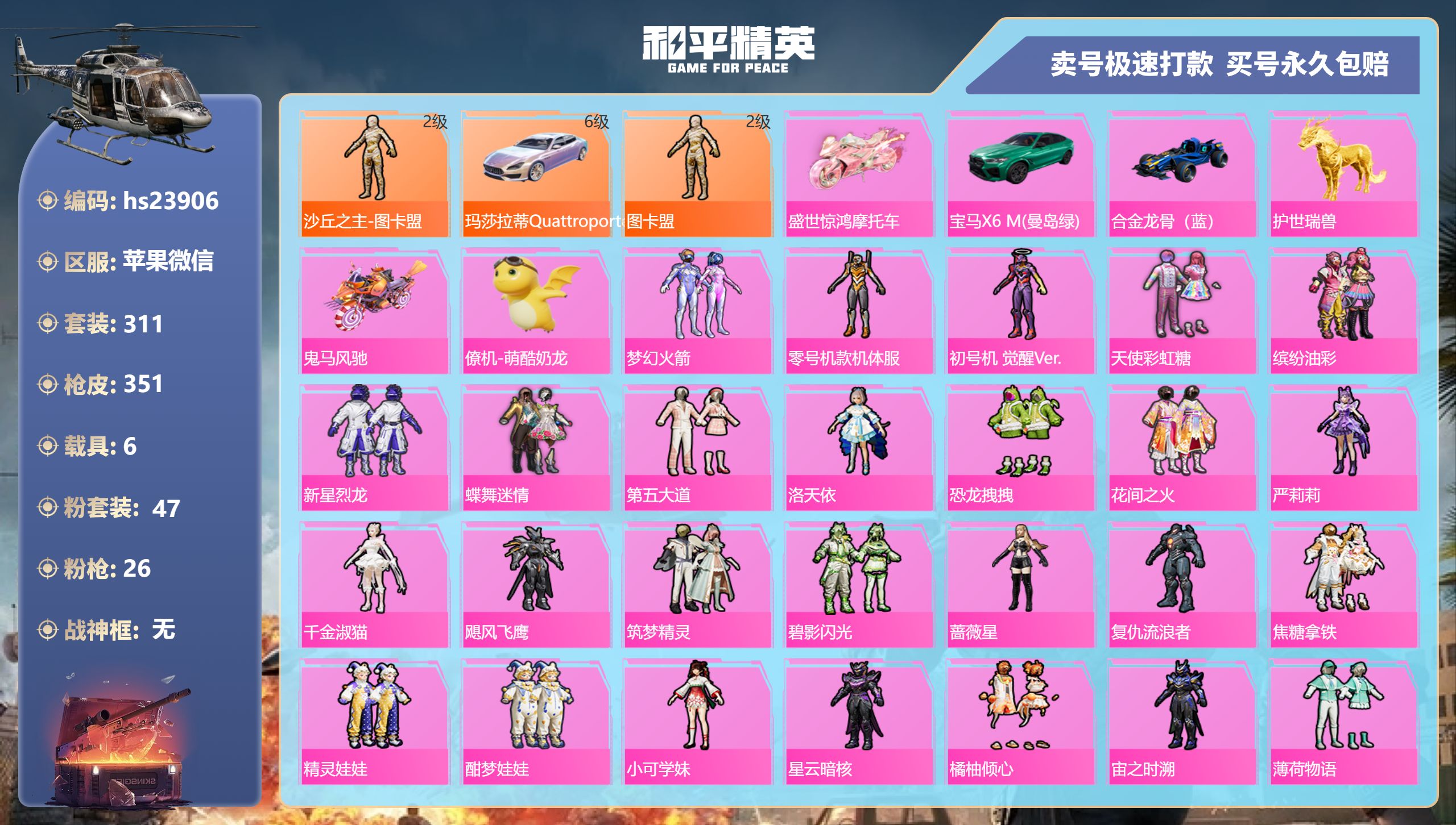  23906 二级红 苹果V-热力值 15王牌印记 历史传奇王牌17星 311套装 351枪皮 【5载具】 玛莎拉蒂Q幻星粉 (6级) 合金龙骨蓝色 护世瑞兽 鬼马风驰 萌酷奶龙僚机 