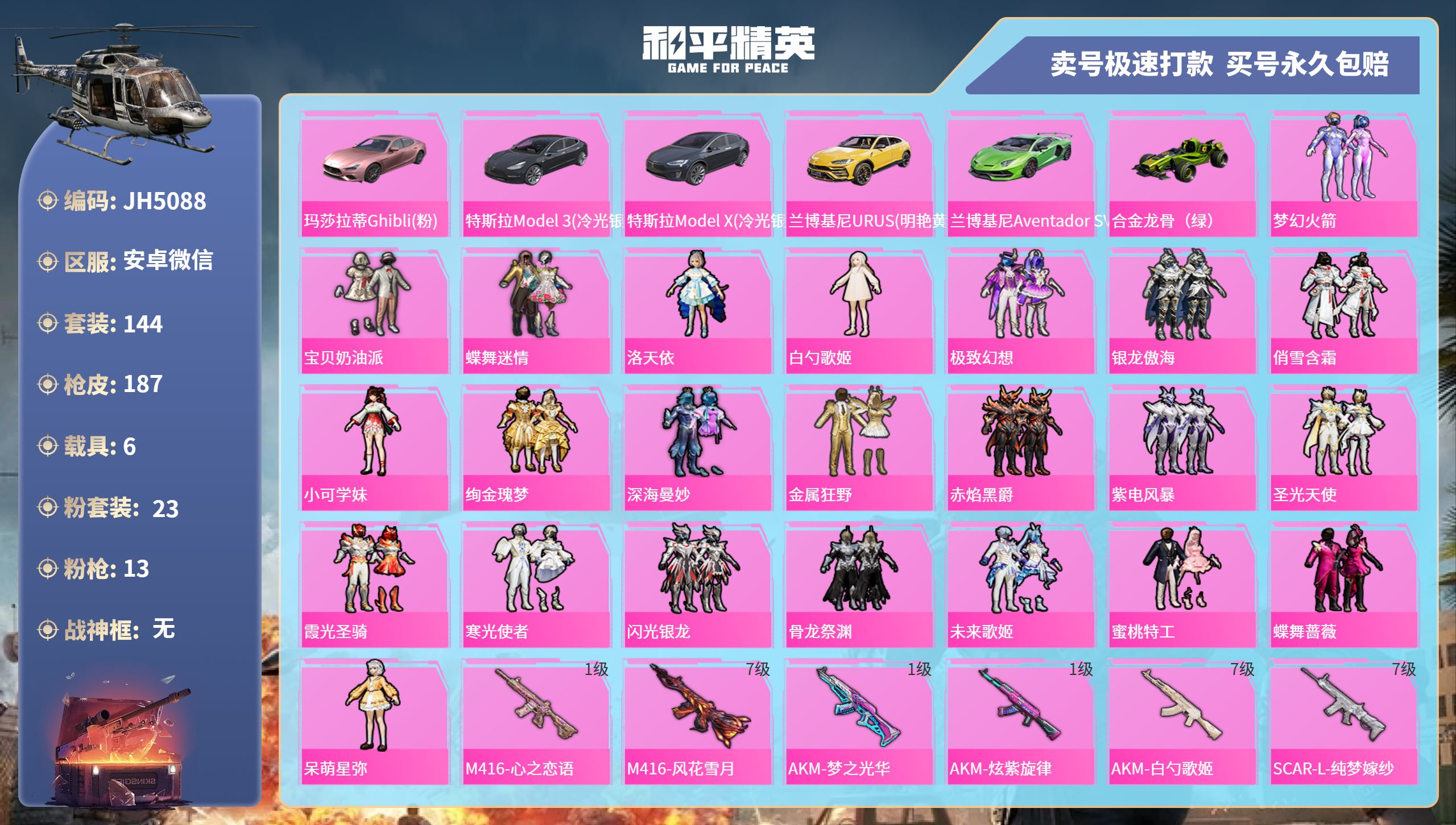 安V【人脸可改】J5088 木乃伊 -11王牌印记-23粉装-13特效枪-6载具-85063热力值-144套装-187枪皮-3卓越印记-2传奇印记
