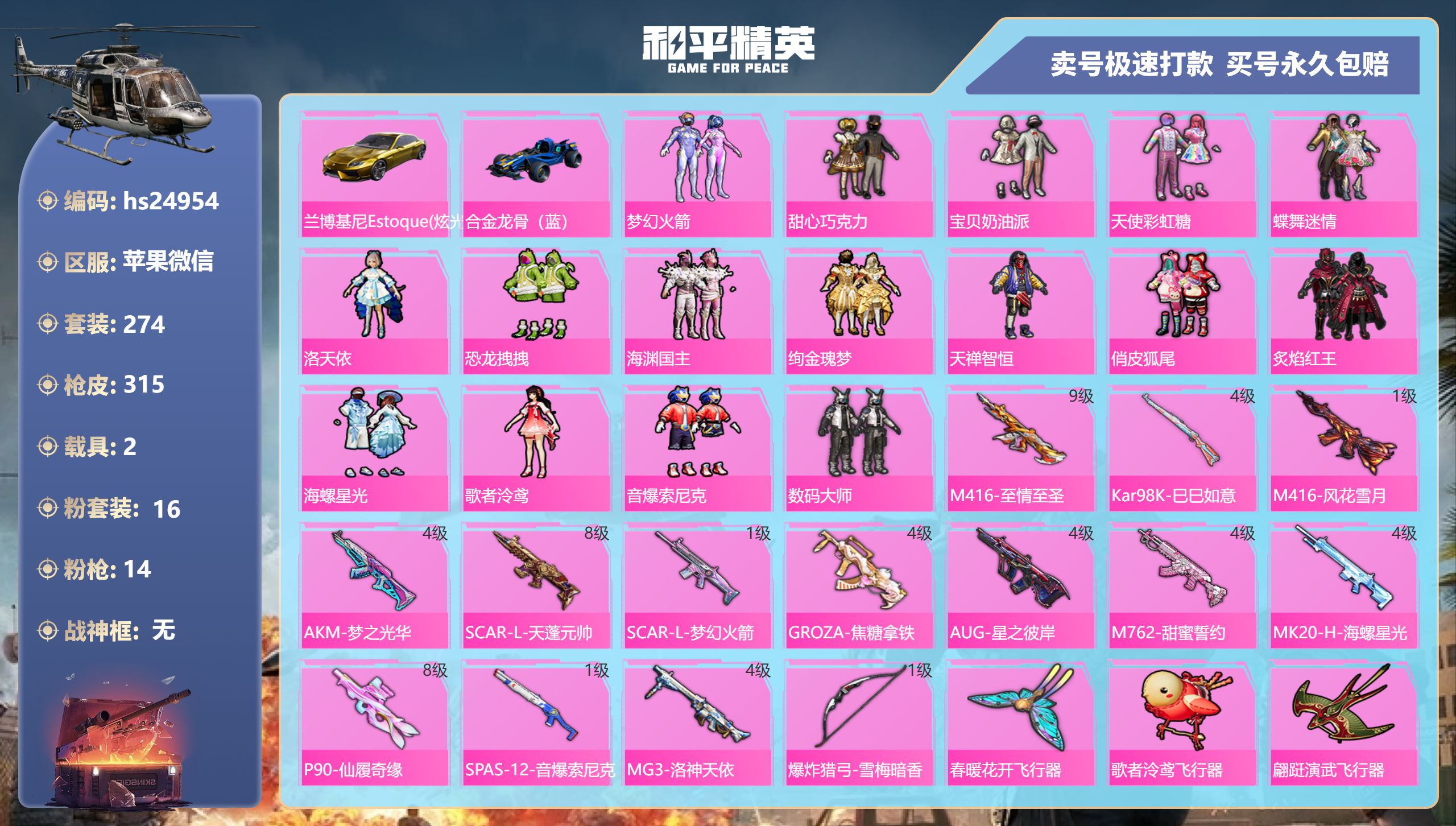 和平精英账号苹果微信hs24954 苹果微信-23王牌印记-16粉装-14特效枪-2载具-热力值-274套装-315枪皮