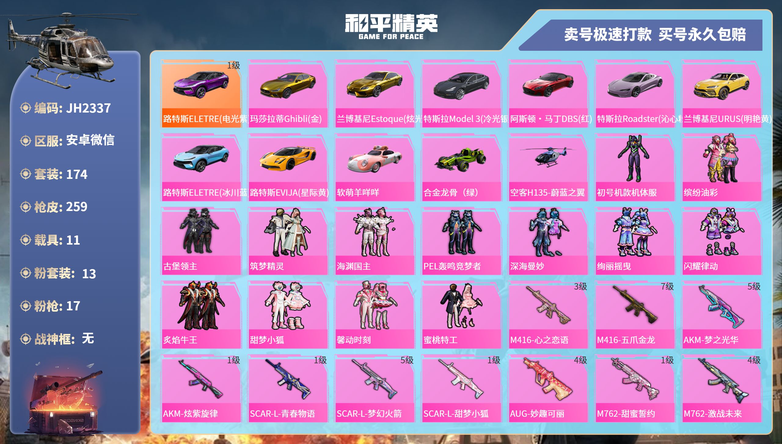 安V【人脸可改】J2337 螳螂 -18王牌印记-13粉装-17特效枪-11载具-热力值-174套装-259枪皮-0卓越印记-0传奇印记
【13粉装】,初号机款机体服,缤纷油彩,古堡领主