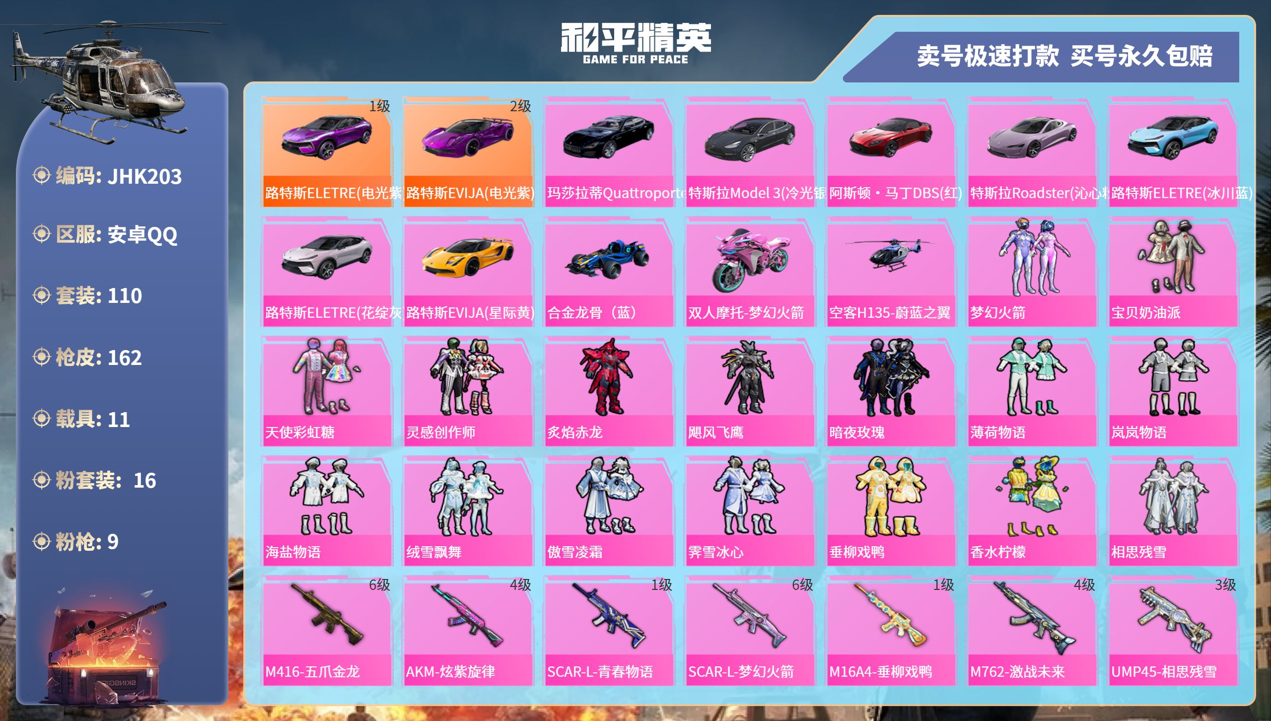安Q【人脸可改】JK203 -4王牌印记-16粉装-9特效枪-11载具-79821热力值-110套装-162枪皮-0卓越印记-0传奇印记
【16粉装】,梦幻火箭,宝贝奶油派,天使彩虹糖,灵感创作师,