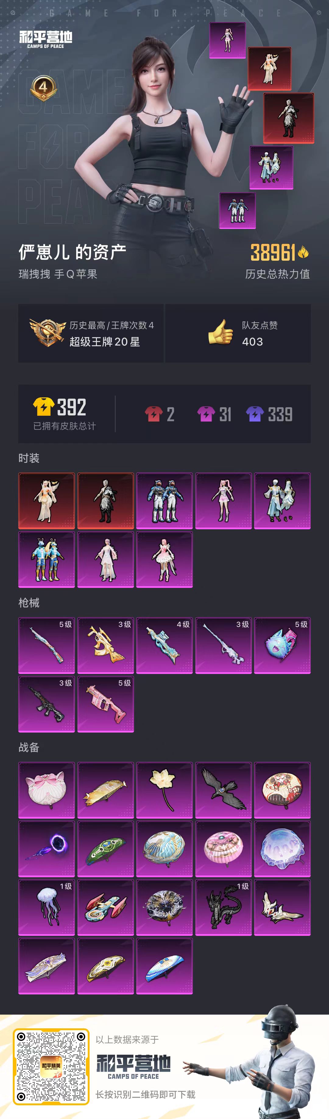 R209 成长可改 苹果手Q-4王牌印记-6粉装-7特效枪-0载具-38961热力值-58套装-100枪皮-0卓越印记-0传奇印记
【6粉装】,时空协奏·心弦,未来领航者,美雪,冠军兔兔,金丰海韵,烟