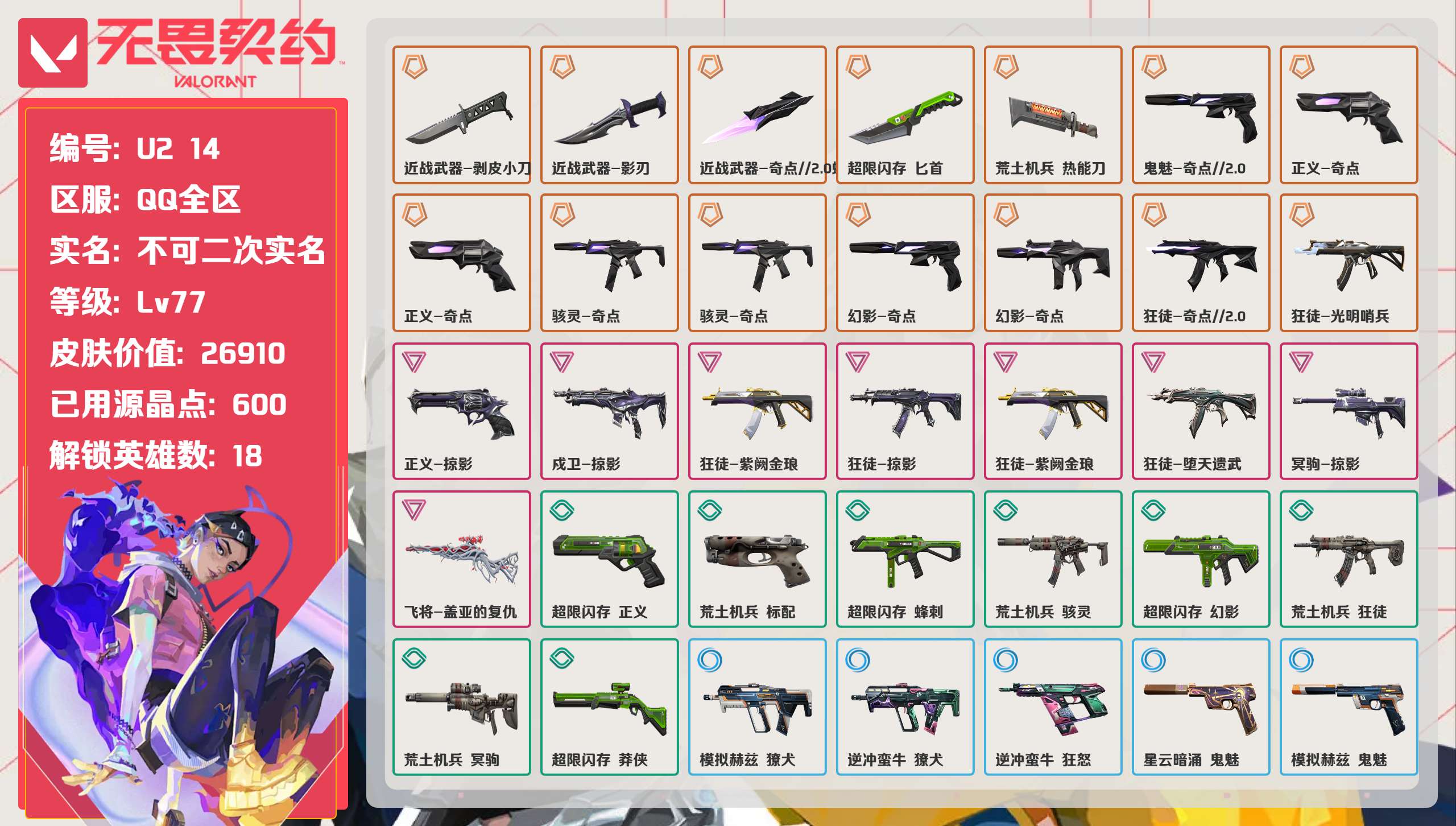 无畏契约账号QQ 等级:Lv77 | 白银III/ 已用源晶点:600/  皮肤价值:26910/ 英雄数:18/ 