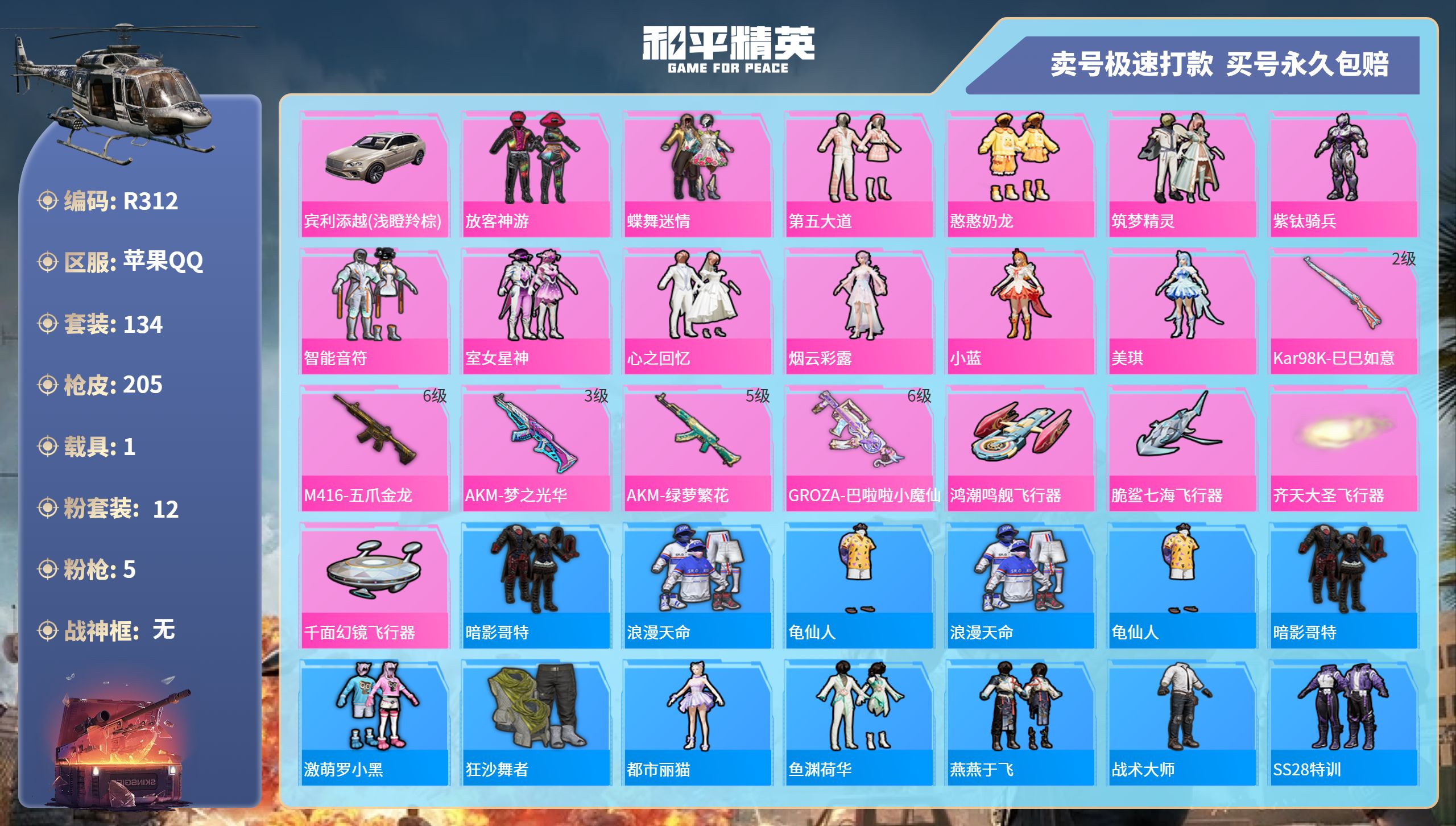 R312 成长可改 苹果手Q-7王牌印记-12粉装-5特效枪-1载具-63877热力值-134套装-205枪皮-2卓越印记-2传奇印记
【12粉装】,放客神游,蝶舞迷情,第五大道,憨憨奶龙,筑梦精灵,