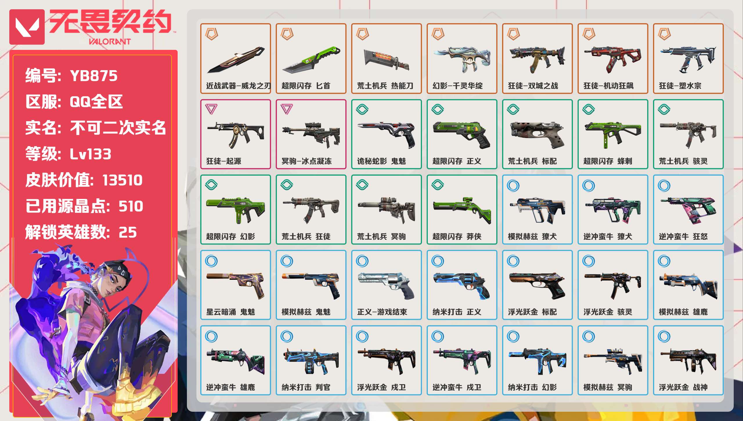无畏契约账号QQ 等级:Lv133 | 未定级/ 已用源晶点:510/  皮肤价值:13510/ 英雄数:25/ 
