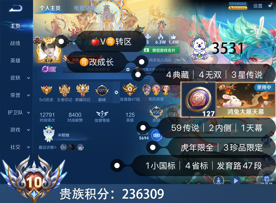 王者荣耀账号苹果VX贵10-125英雄-456皮59传说7珍品4无双3星元28按键1传说天幕1国标4省标发育路47段账号