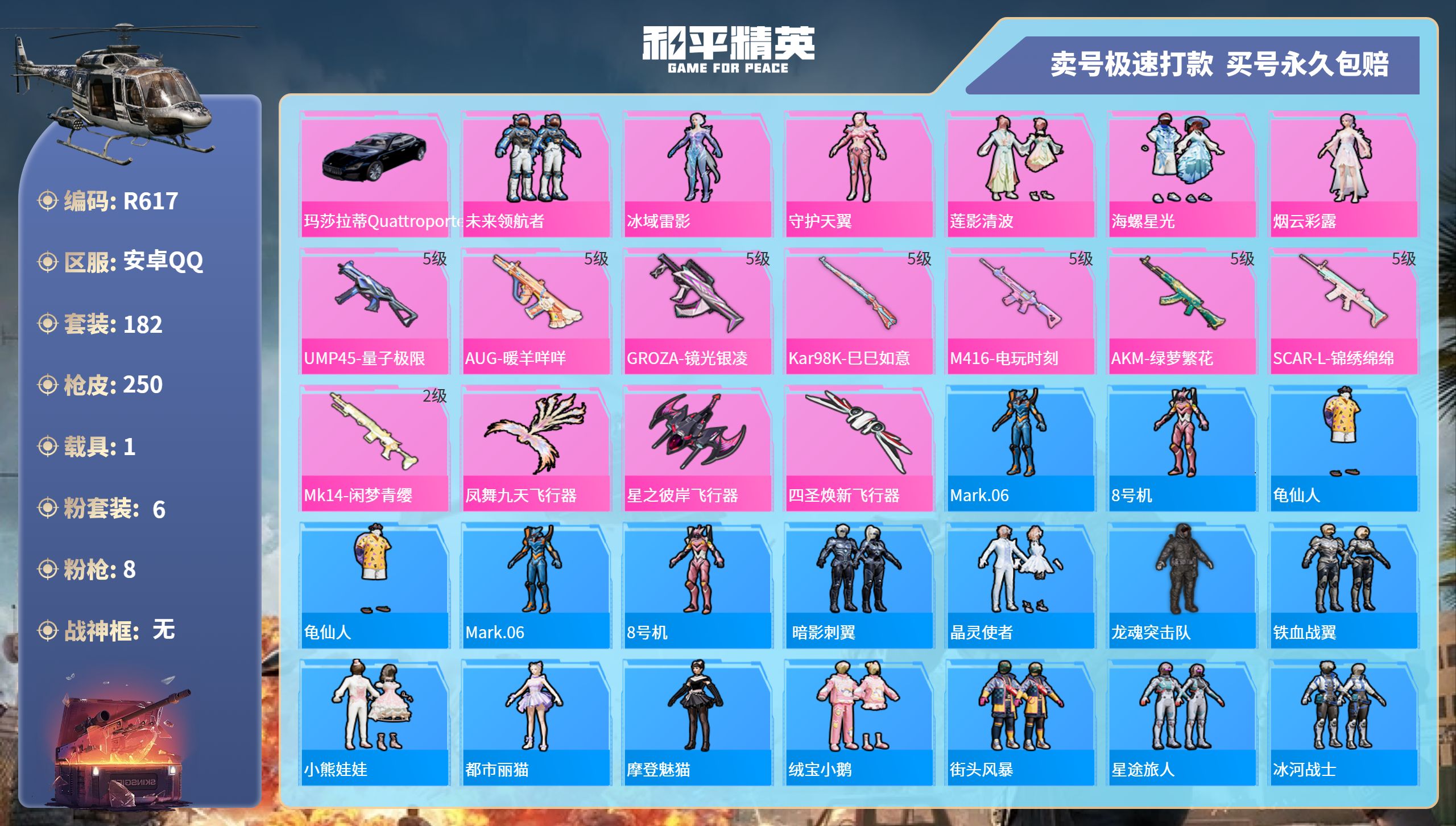 R617 成长可改 安卓手Q-15王牌印记-6粉装-8特效枪-1载具-78005热力值-182套装-250枪皮-4卓越印记-2传奇印记
【6粉装】,未来领航者,冰域雷影,守护天翼,莲影清波,海螺星光,