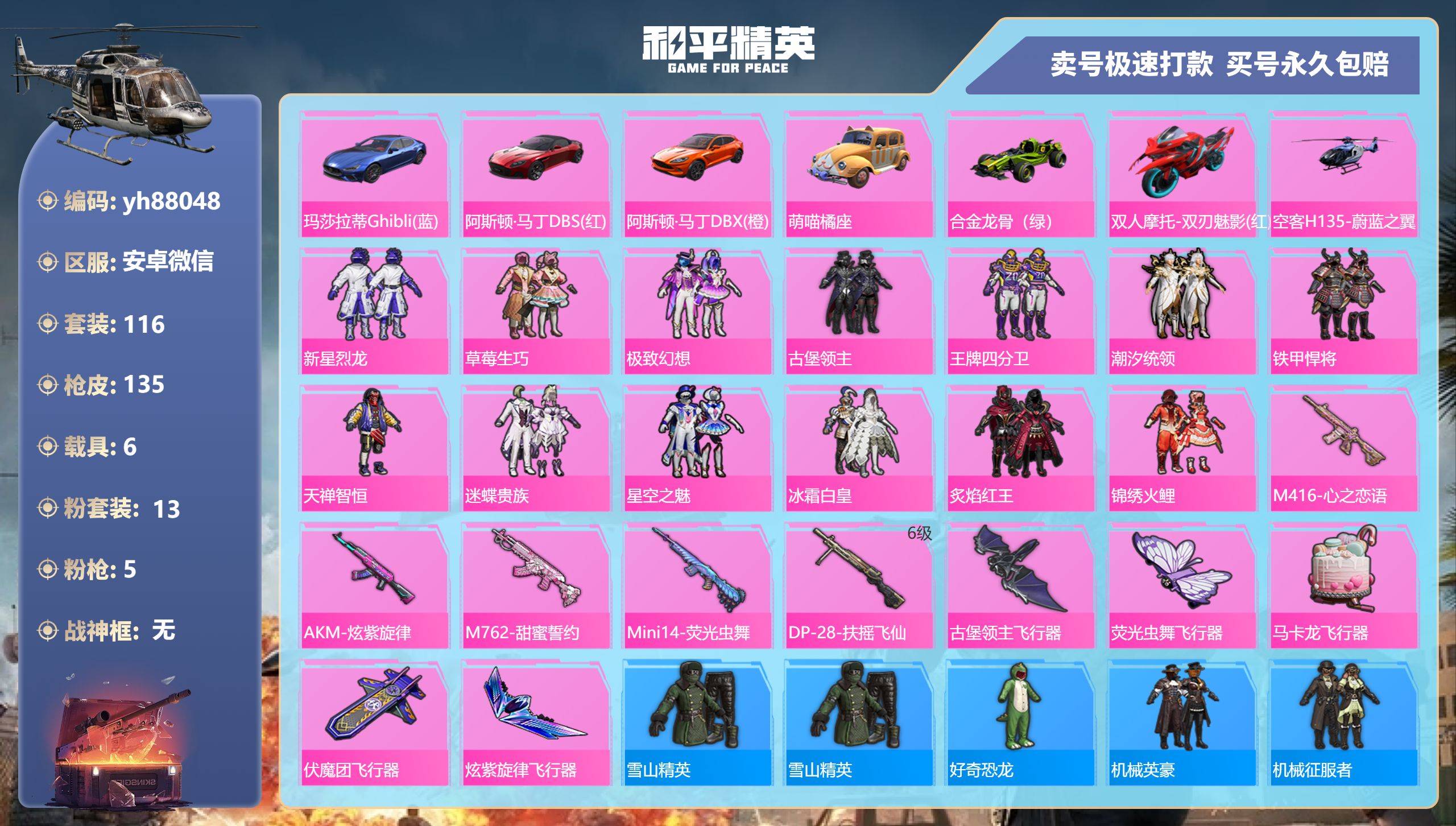 和平精英账号安卓微信yh88048安卓微信-6王牌印记-13粉装-5特效枪-6载具-62566热力值-116套装-135