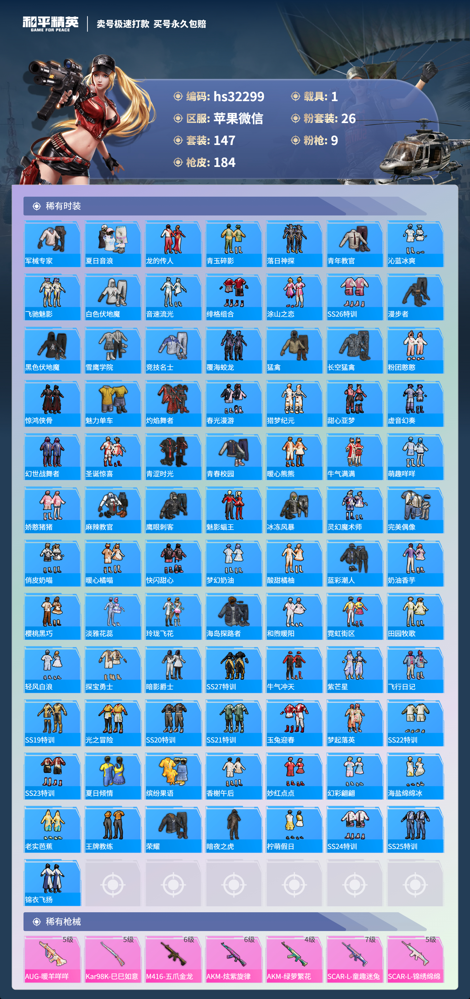 32299 苹果微信-11王牌印记-26粉装-9特效枪-1载具-69482热力值-147套装-184枪皮-2卓越印记-1传奇印记
【26粉装】,2号机款机体服,甜心巧克力,宝贝奶油派,天使彩虹糖,