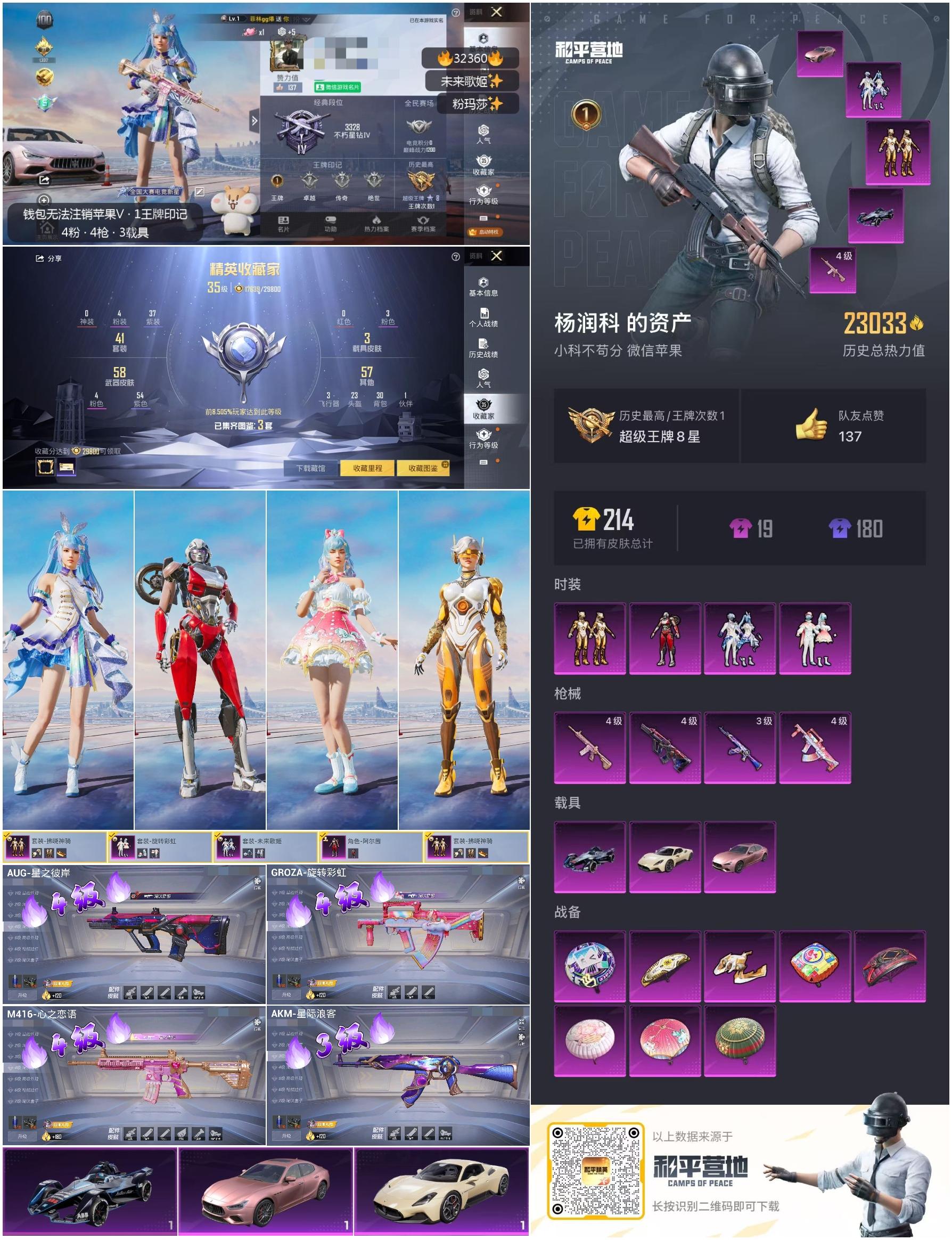 32360 苹果微信-1王牌印记-4粉装-4特效枪-3载具-23213热力值-40套装-62枪皮-0卓越印记-0传奇印记
【4粉装】,阿尔茜,拂晓神骑,旋转彩虹,未来歌姬
【4特效枪】AKM-星际