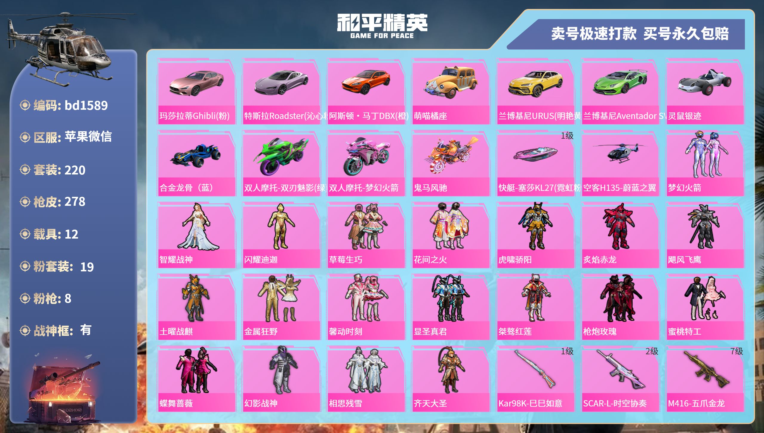 和平精英账号苹果微信12载具-220套装-278枪皮-苹果微信-14王牌印记-有战神框-19粉装-8特效枪-12载具-热