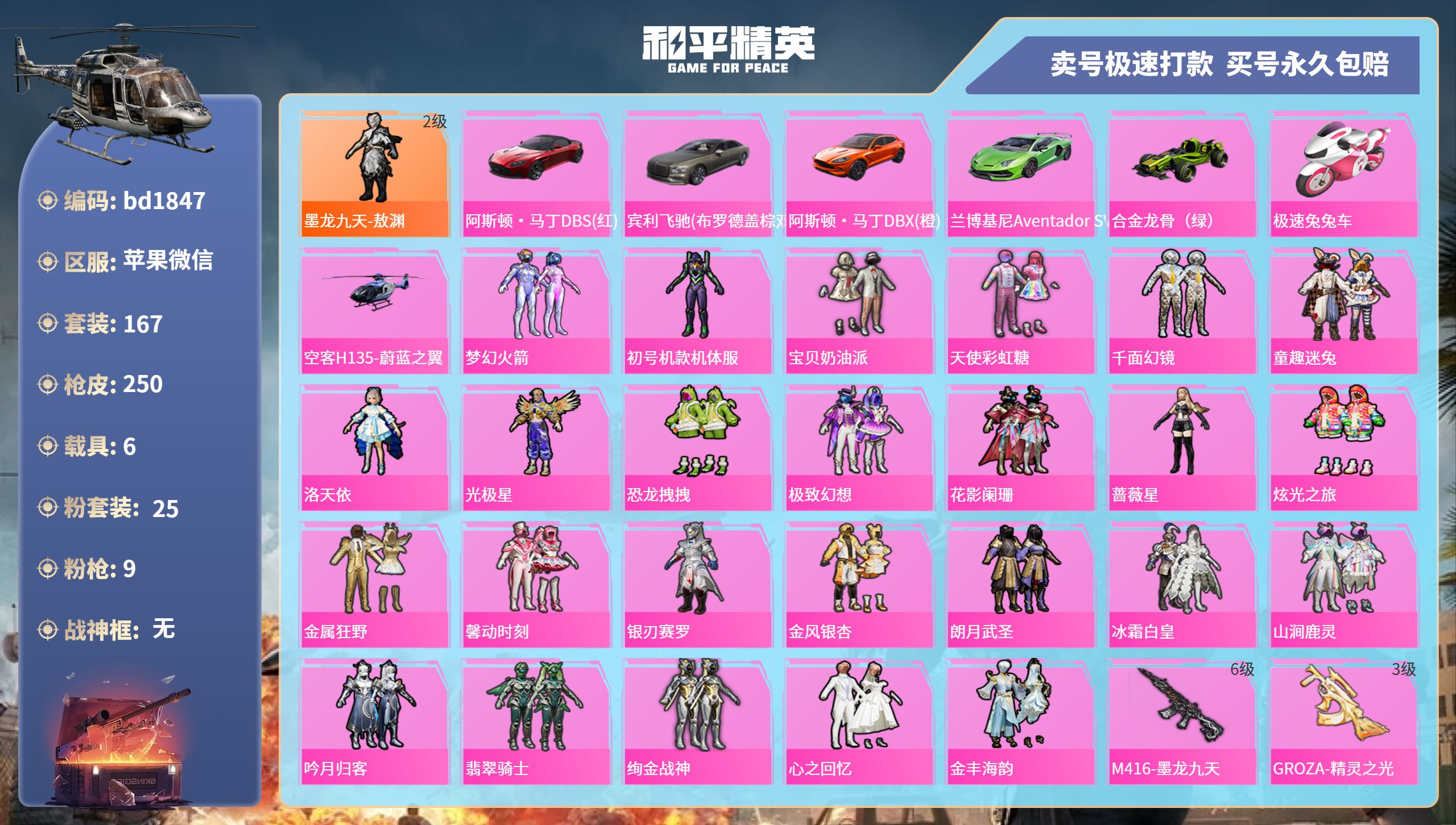 和平精英账号苹果微信6载具-167套装-250枪皮-苹果微信-12王牌印记-25粉装-9特效枪-6载具-热力值-167套