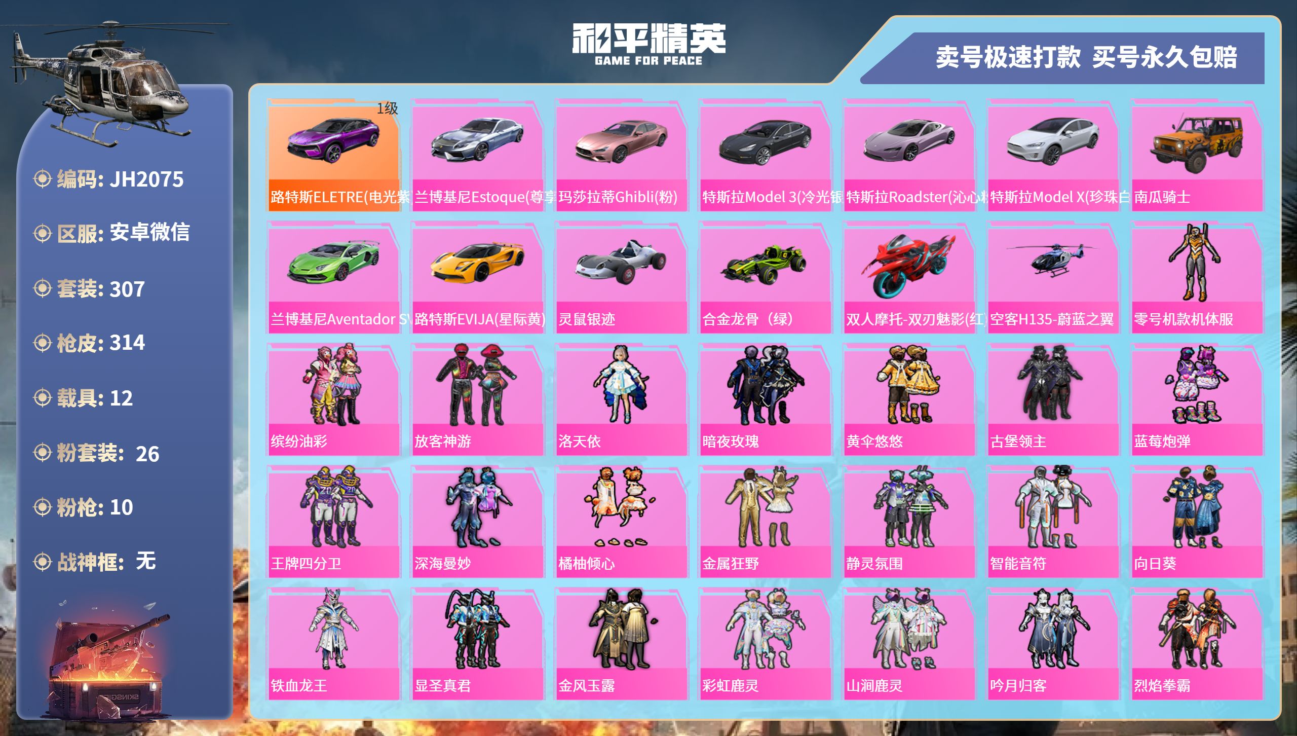 和平精英账号安卓微信12载具-307套装-314枪皮-安卓微信-18王牌印记-26粉装-10特效枪-12载具-热力值-3