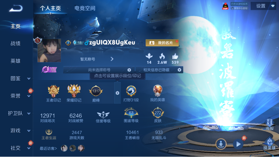 王者荣耀账号苹果QQ【V8 272皮肤 2典藏 16传说 2星传说 幻夜逐光天幕 凤鸣九霄天幕】苹果QQ/V8/至尊星耀
