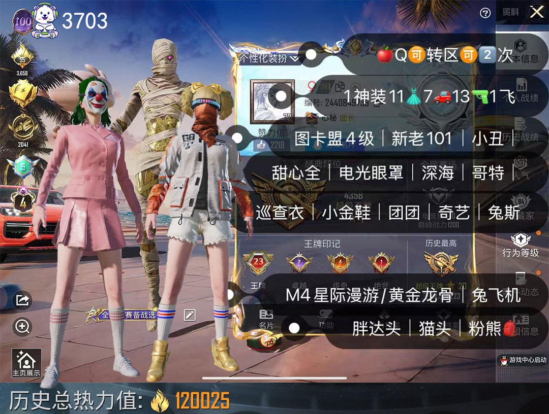 和平精英账号苹果QQ23印记素材身法老101红图卡盟4级7车13枪11粉怪诞乔克雪国梦幻火箭巧克力全电眼巡查金鞋团团深海