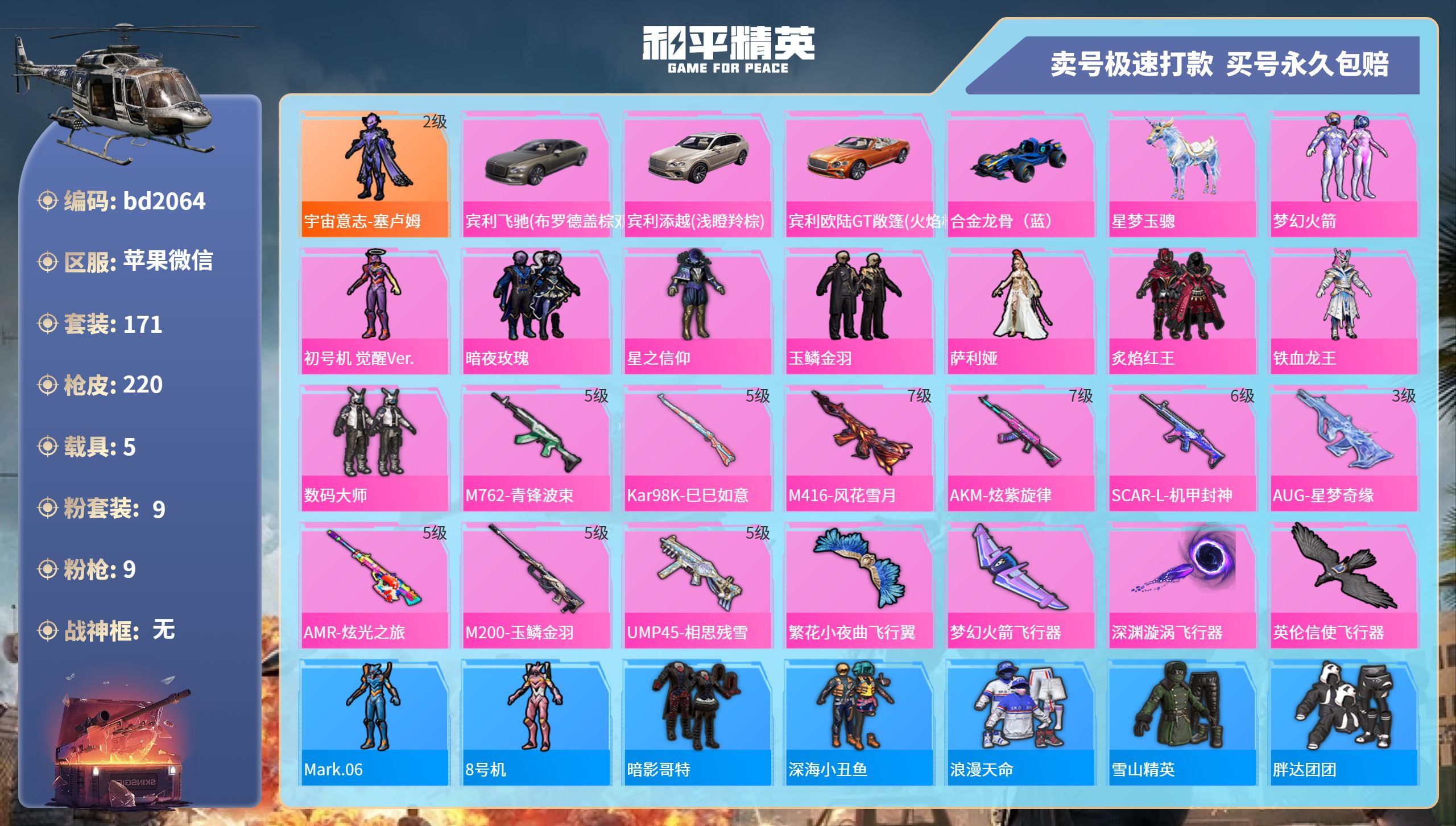 和平精英账号苹果微信5载具-171套装-220枪皮-苹果微信-12王牌印记-9粉装-9特效枪-5载具-83316热力值-