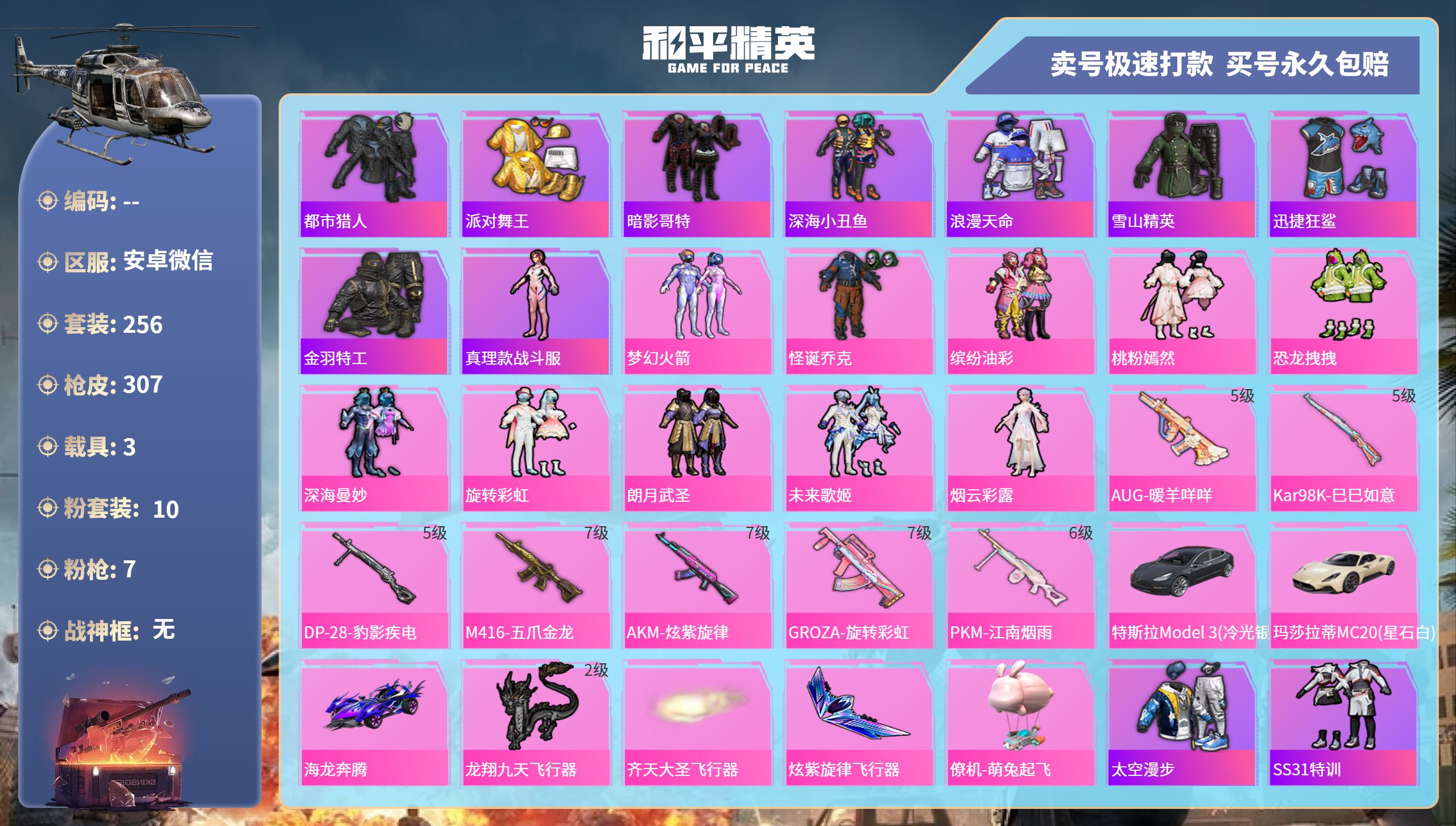 和平精英账号安卓微信3载具-256套装-307枪皮-安卓微信-9王牌印记-10粉装-7特效枪-3载具-热力值-256套装