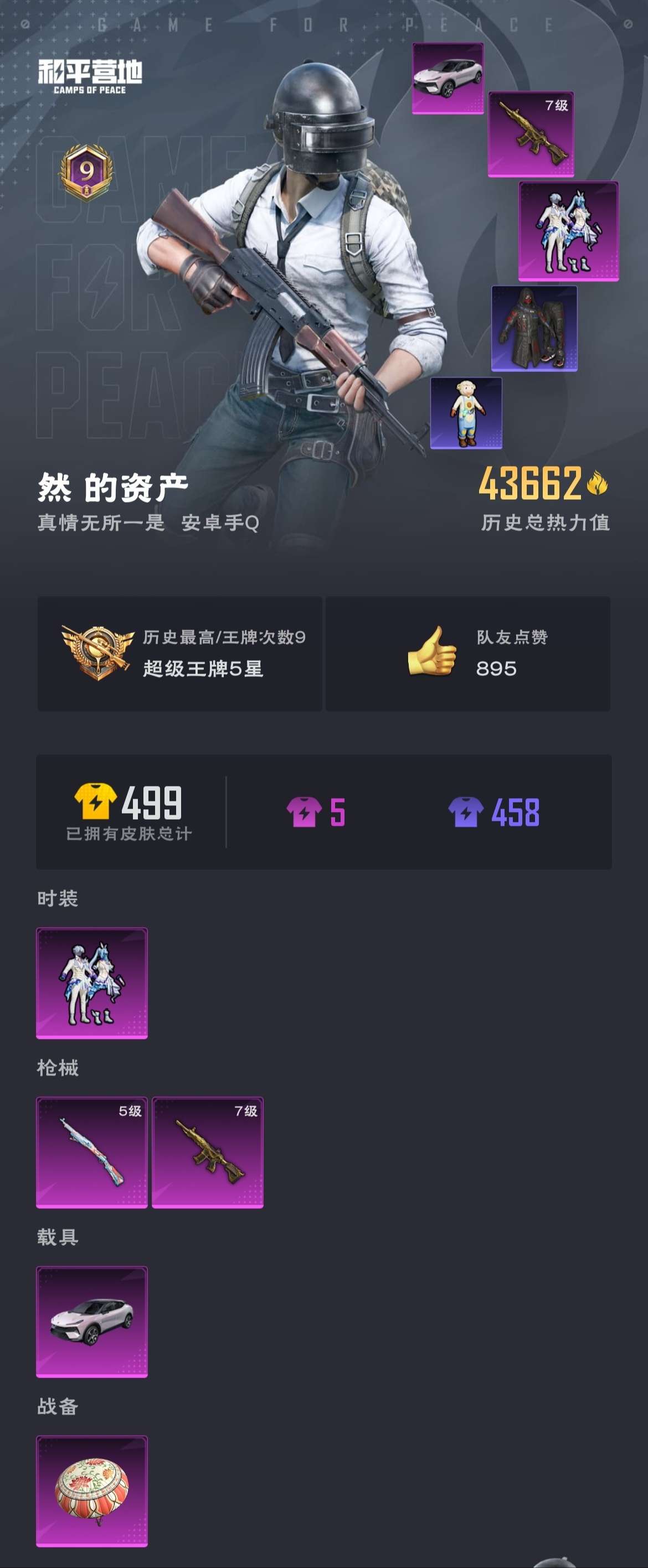 王者荣耀账号安卓QQ【连体和平1车2特效枪1粉装 满级五爪金龙 225皮肤1典藏11传说】安卓QQ/荣耀王者/225皮肤