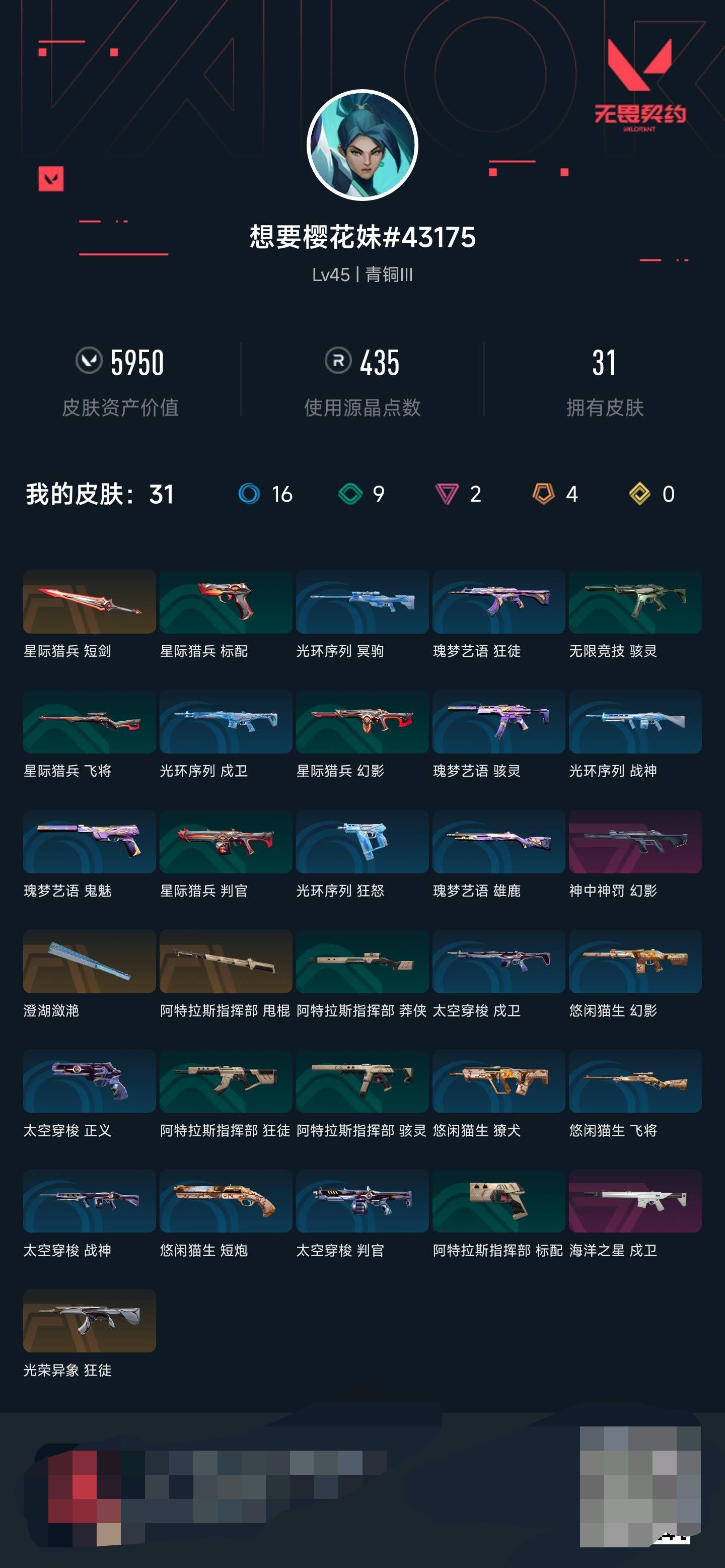 无畏契约账号QQ 等级:Lv45 | 青铜III/ 已用源晶点:435/  皮肤价值:5950/ 英雄数:7/ 
 