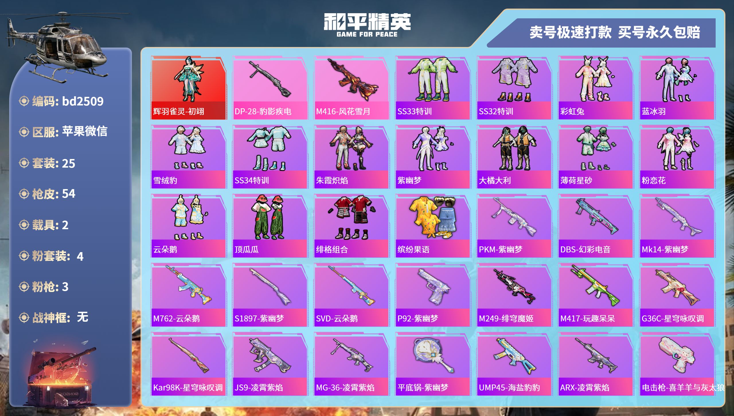 和平精英账号苹果微信2载具-25套装-54枪皮-苹果微信-2王牌印记-4粉装-3特效枪-2载具-20518热力值-25套