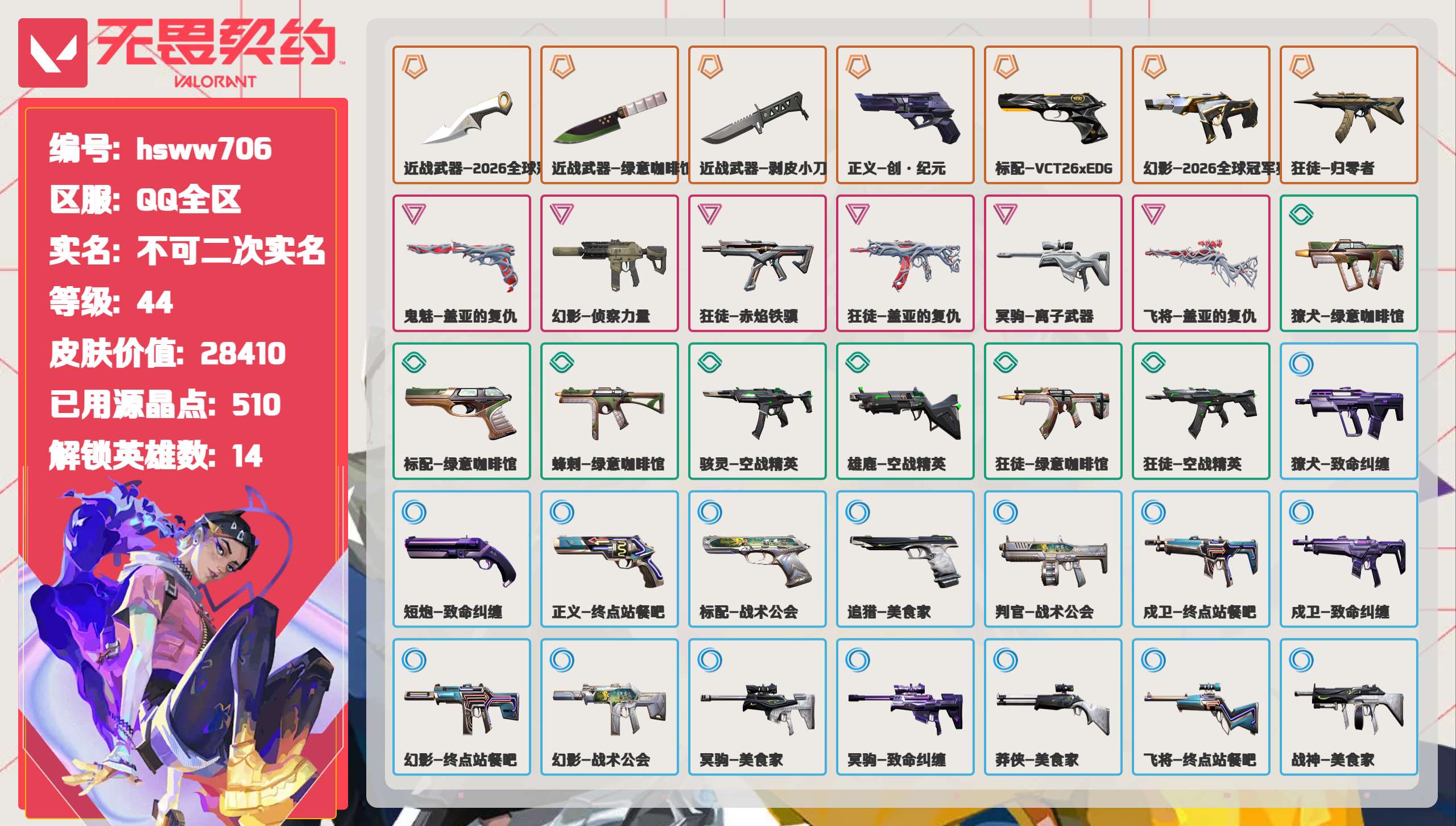  hsww706 等级:Lv44 | 铂金I/ 已用源晶点:510/  皮肤价值:28410/ 英雄数:14/  【英雄】  捷风 幽影 炼狱 不死鸟 贤者 猎枭 零 芮娜 K/O 尚勃勒 霓虹 壹决 暮蝶 幻棱  【套装】  盖亚的复仇（盖亚的复仇鬼魅,盖亚的复仇狂徒,盖亚的复仇飞将） 归零者（归零者狂徒） 奇幻朋克//3.0 礼包（奇幻朋克//3.0狂徒,奇幻朋克//3.0幻影,魔术火花）