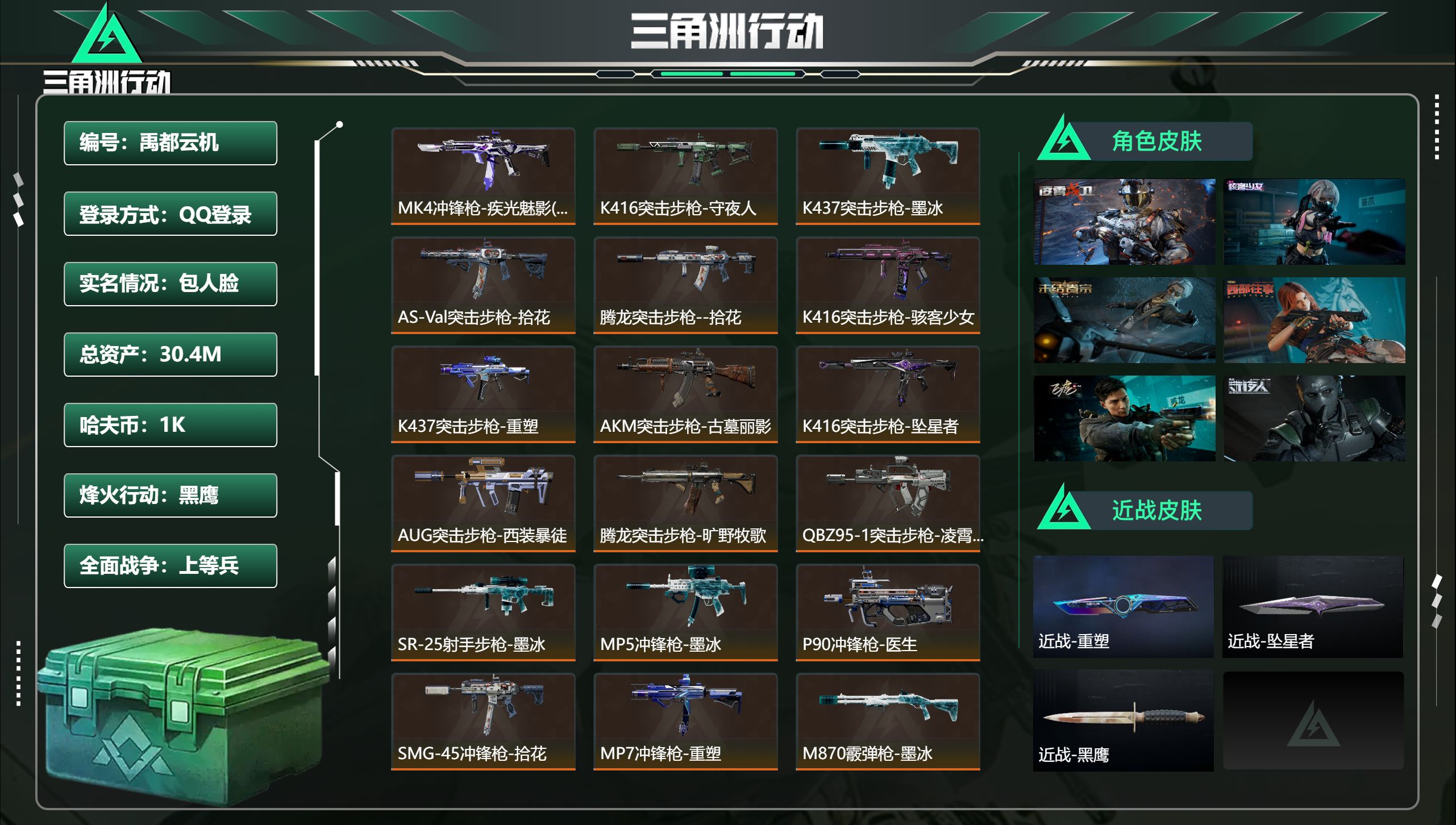 总资产30.42M，哈夫币 1M，战场等级:19 上等兵，行动等级:60 黑鹰，角色皮肤7，枪皮数量148【特战干员外观】威龙-凌霄戍卫，骇客少女-骇爪，银翼-未结卷宗，疾风-西部往事，威龙-飞虎，无名-守夜人，蜂医-医生，【近战】近战-黑鹰，近战-重塑，近战-坠星者，【典藏外观】MK4冲锋枪-疾光魅影(优品B)，G3战斗步枪-星之彩，M14射手步枪-天际线，PKM通用机枪-精湛工艺，QBZ95-