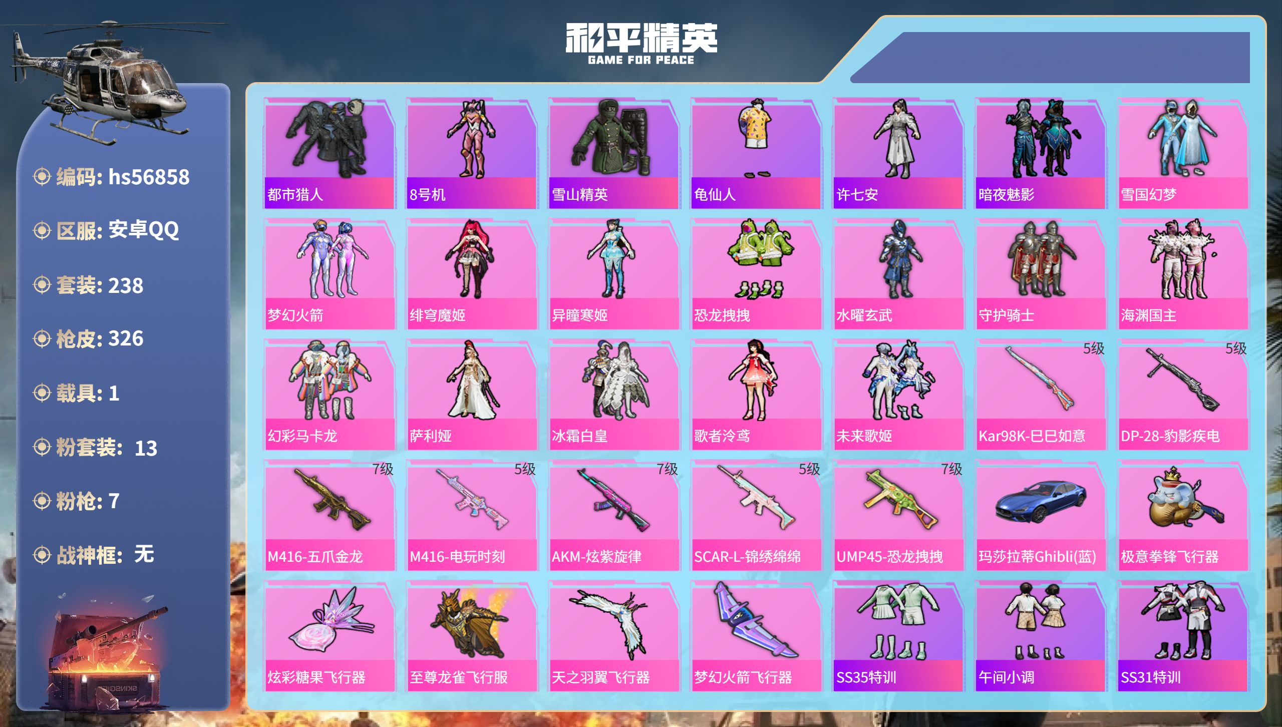 和平精英账号安卓QQhs56858 安卓手Q-17王牌印记-13粉装-7特效枪-1载具-热力值-238套装-326枪皮-