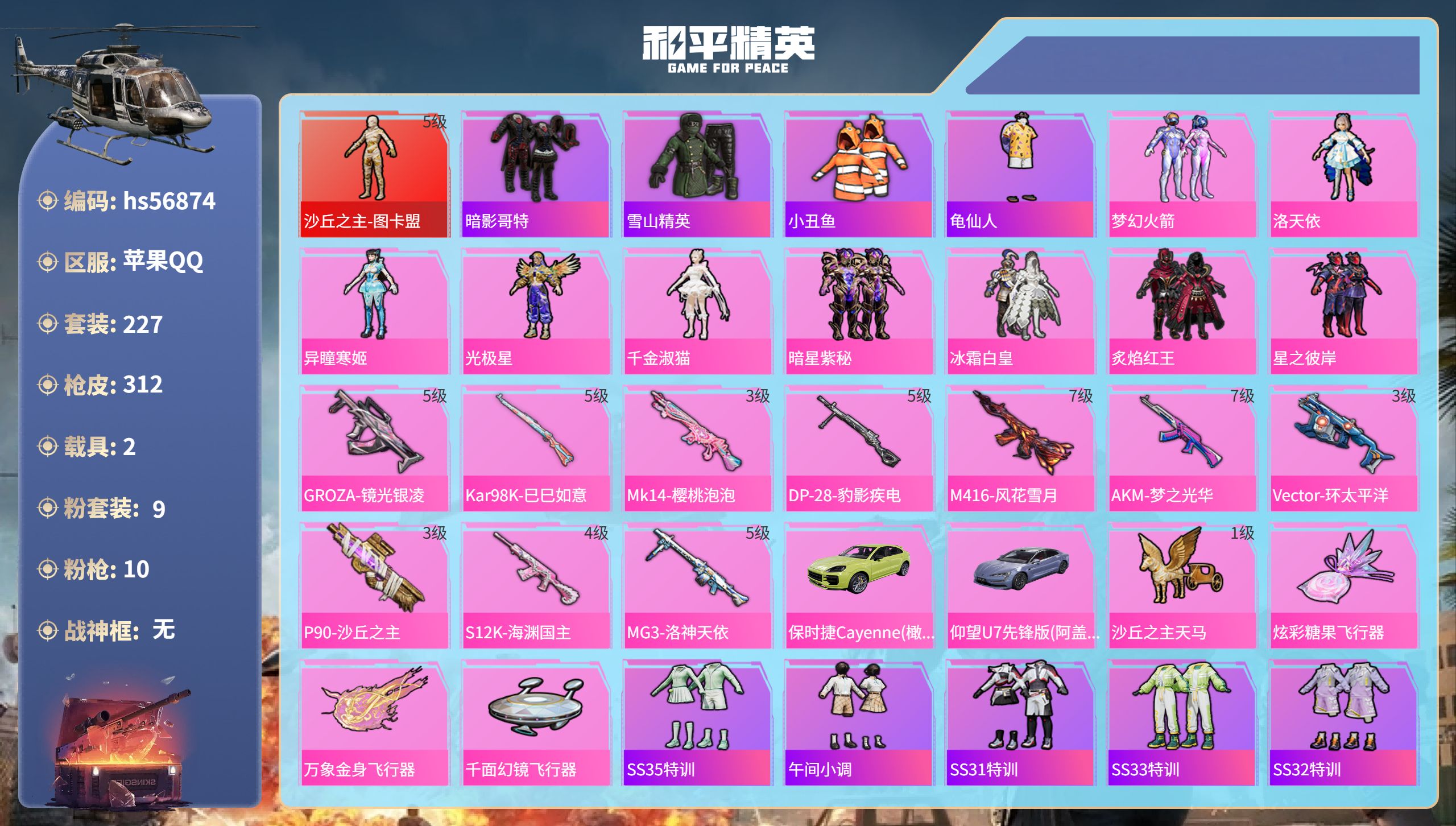 和平精英账号苹果QQhs56874苹果手Q-13王牌印记-1红装-9粉装-10特效枪-2载具-热力值-227套装-312