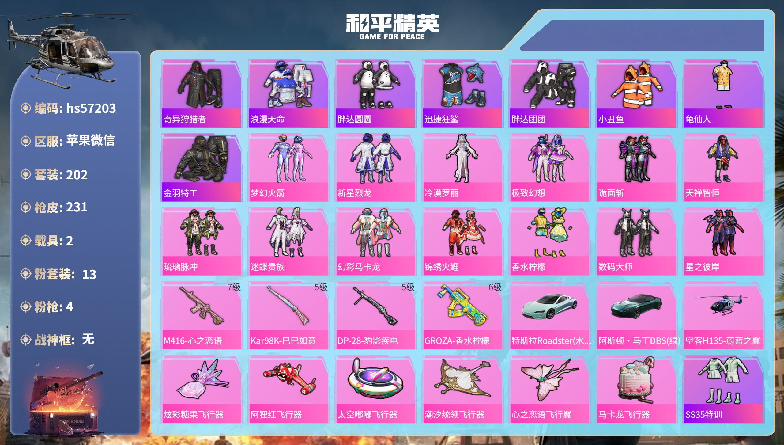 和平精英账号苹果微信2载具-202套装-231枪皮-hs57203 苹果微信-21王牌印记-13粉装-4特效枪-2载具-
