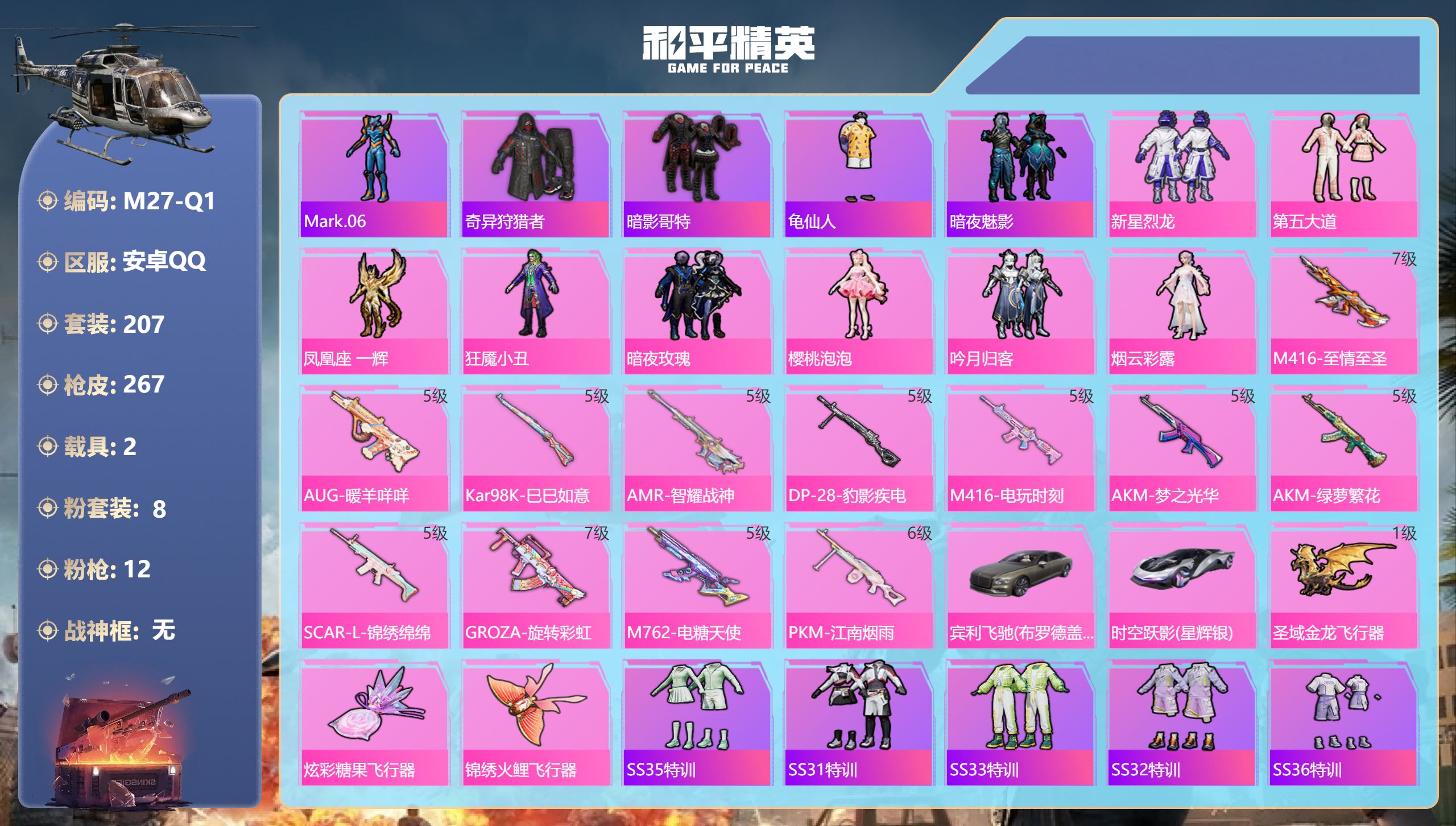和平精英账号安卓QQ2载具-207套装-267枪皮--1稀有2载具8粉装12特效枪15热门207套装267枪皮 9011