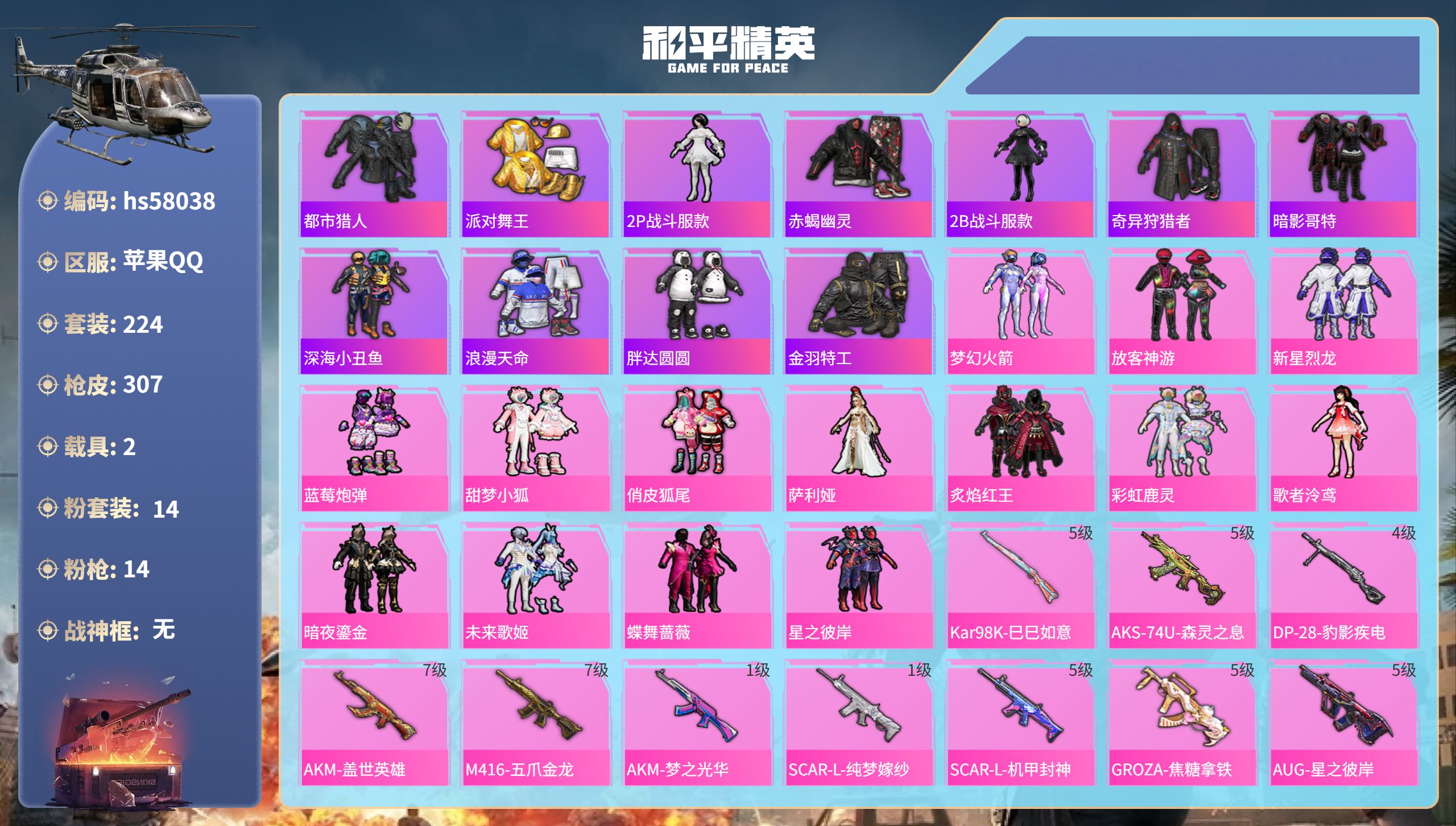 和平精英账号苹果QQhs58038  苹果手Q-25王牌印记-14粉装-14特效枪-2载具-热力值-224套装-307枪