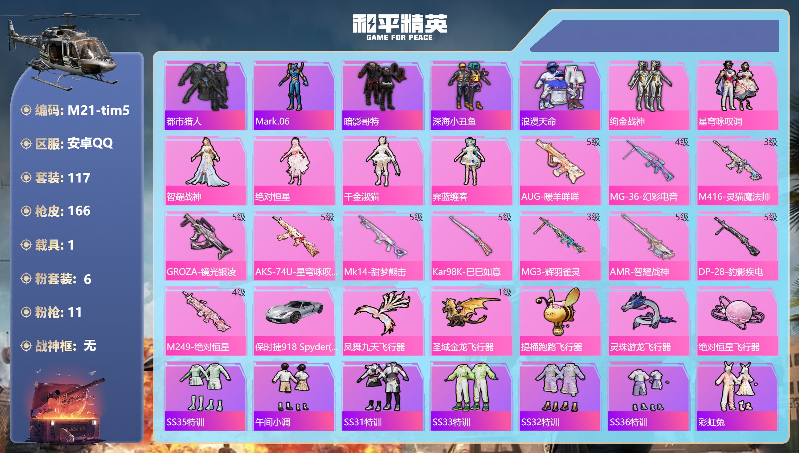 和平精英账号安卓QQ1载具-117套装-166枪皮-都市猎人 小番茄 千金淑猫  M416-灵猫魔法师-2稀有1载具6粉