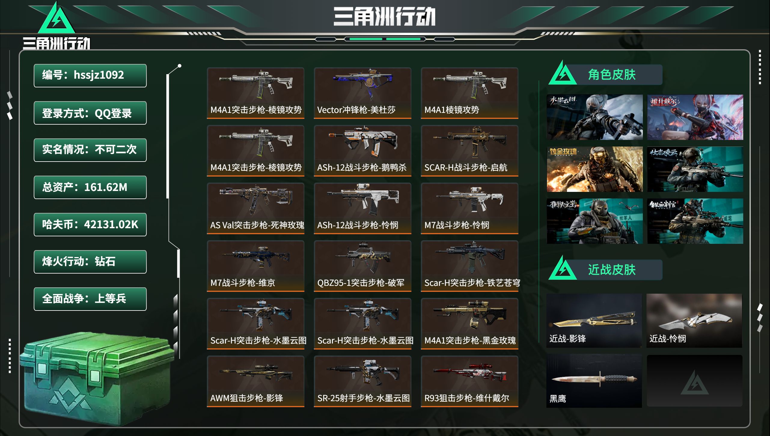 三角洲行动账号QQhssjz1092 总资产161.62M，哈夫币 42131.02K，战场等级:31 上等兵，行动等