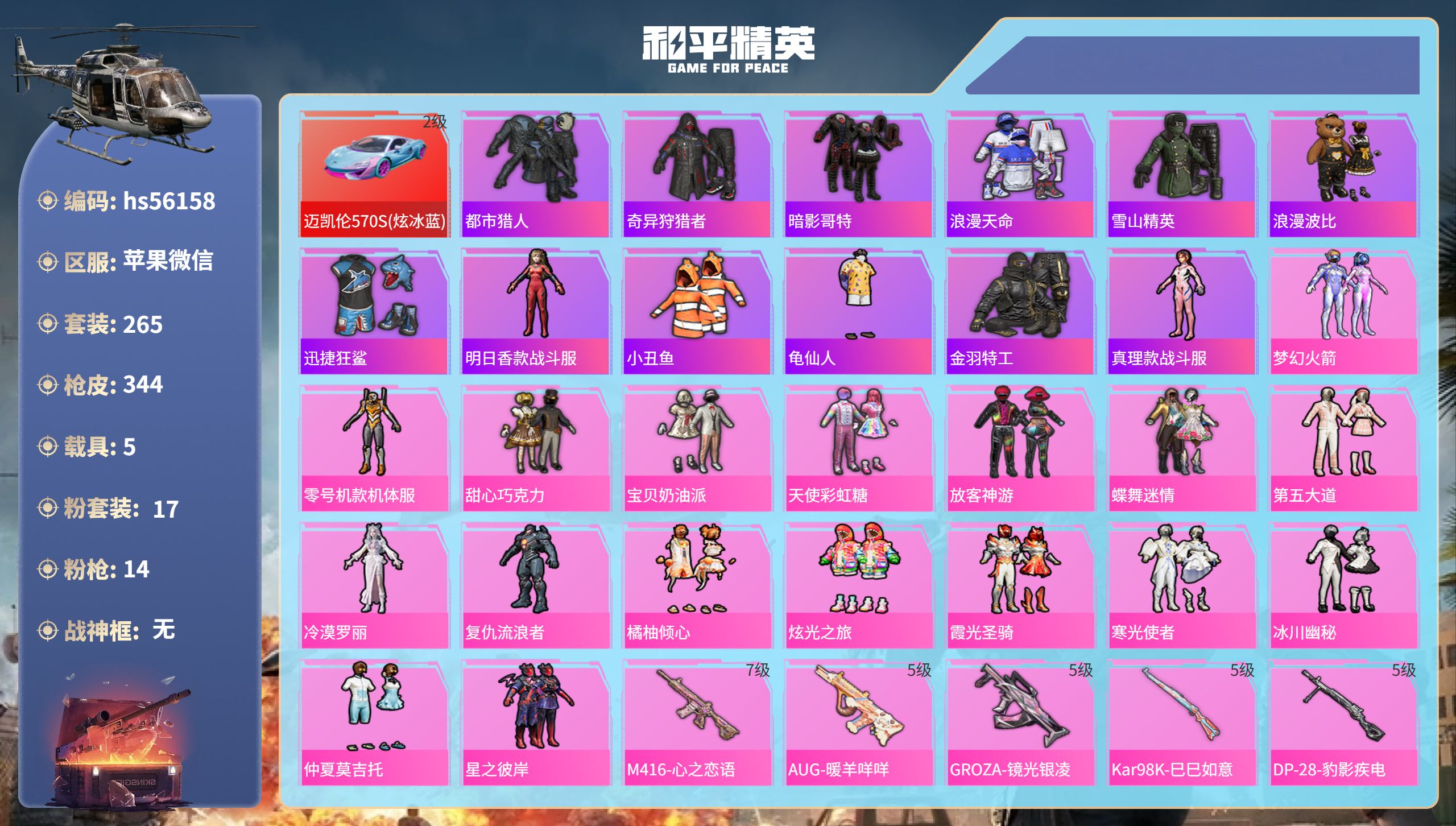 和平精英账号苹果微信hs56158  苹果微信-17王牌印记-17粉装-14特效枪-5载具-热力值-265套装-344枪