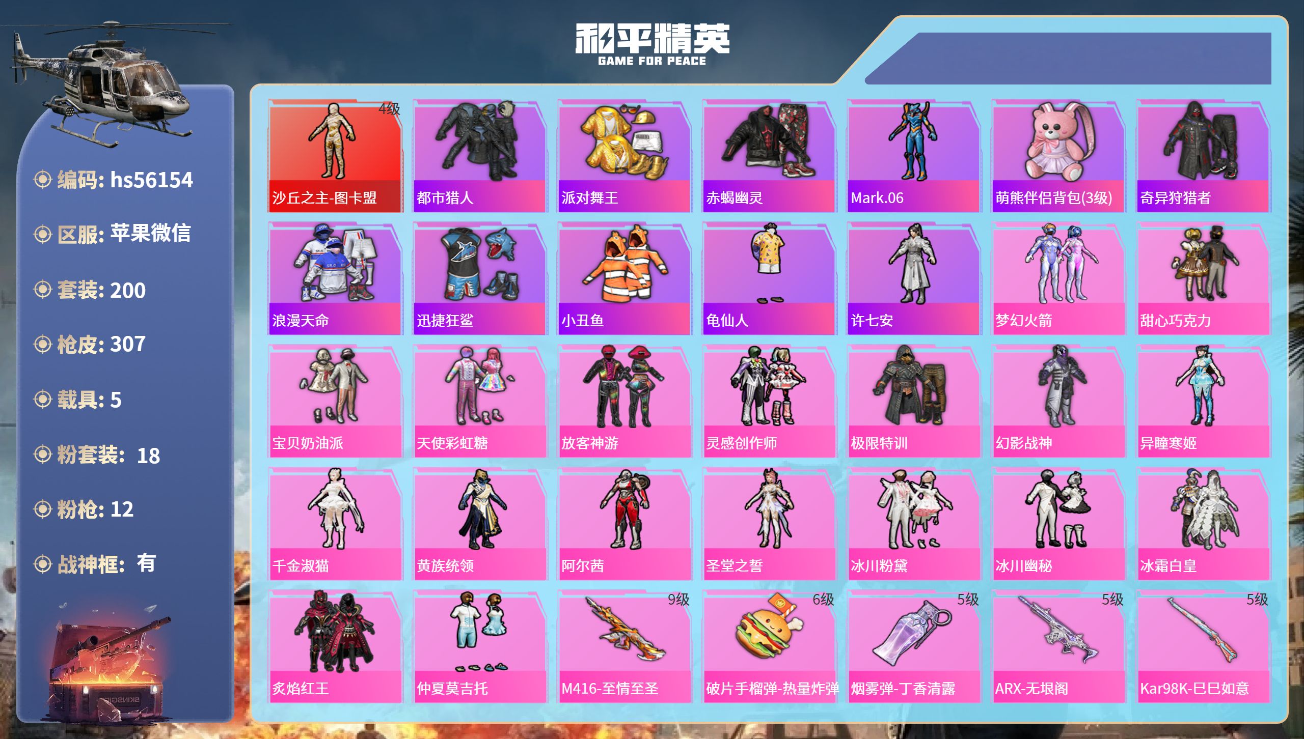 和平精英账号苹果微信5载具-200套装-307枪皮-hs56154 苹果微信-16王牌印记-有战神框-1红装-18粉装-
