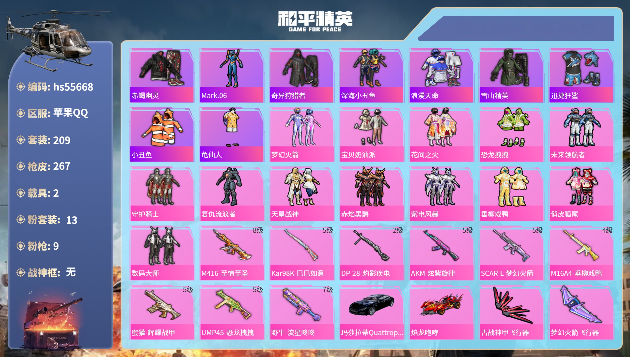 和平精英账号苹果QQ2载具-209套装-267枪皮-hs55668 苹果手Q-13王牌印记-13粉装-9特效枪-2载具-