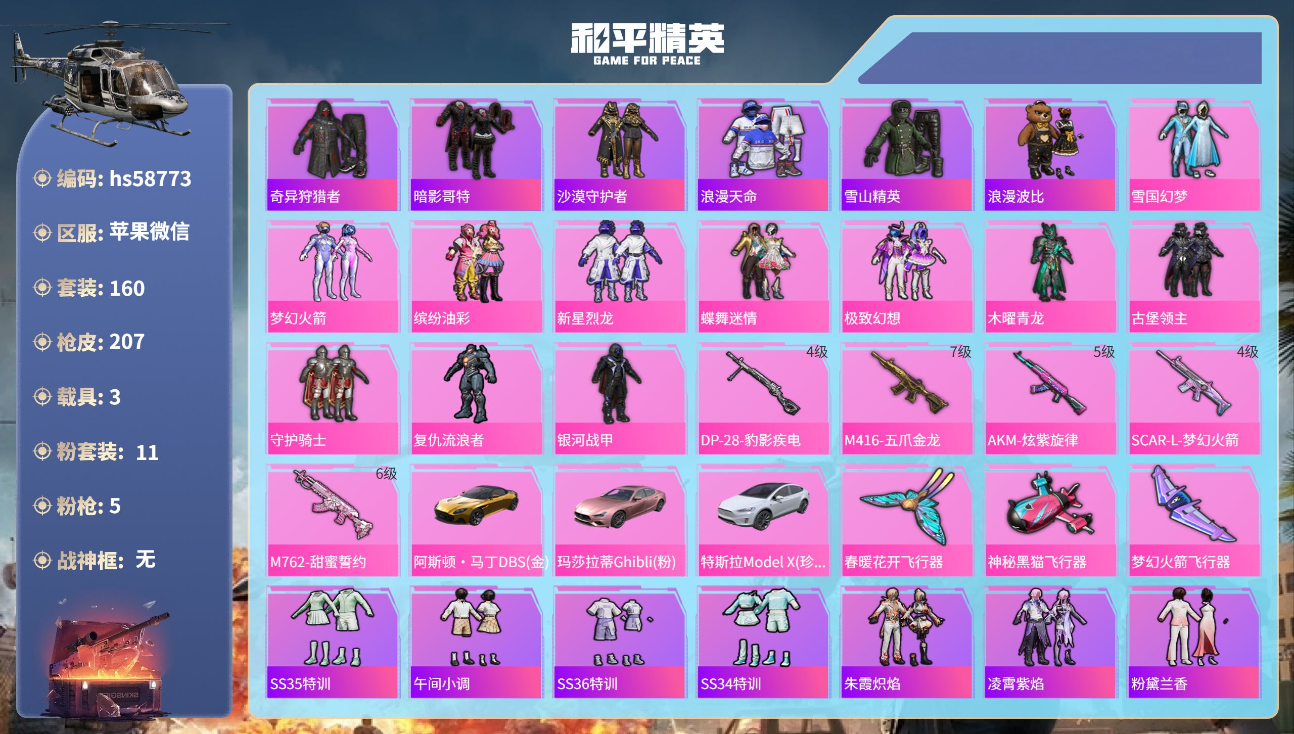 和平精英账号苹果微信3载具-160套装-207枪皮-hs58773 苹果微信-12王牌印记-11粉装-5特效枪-3载具-