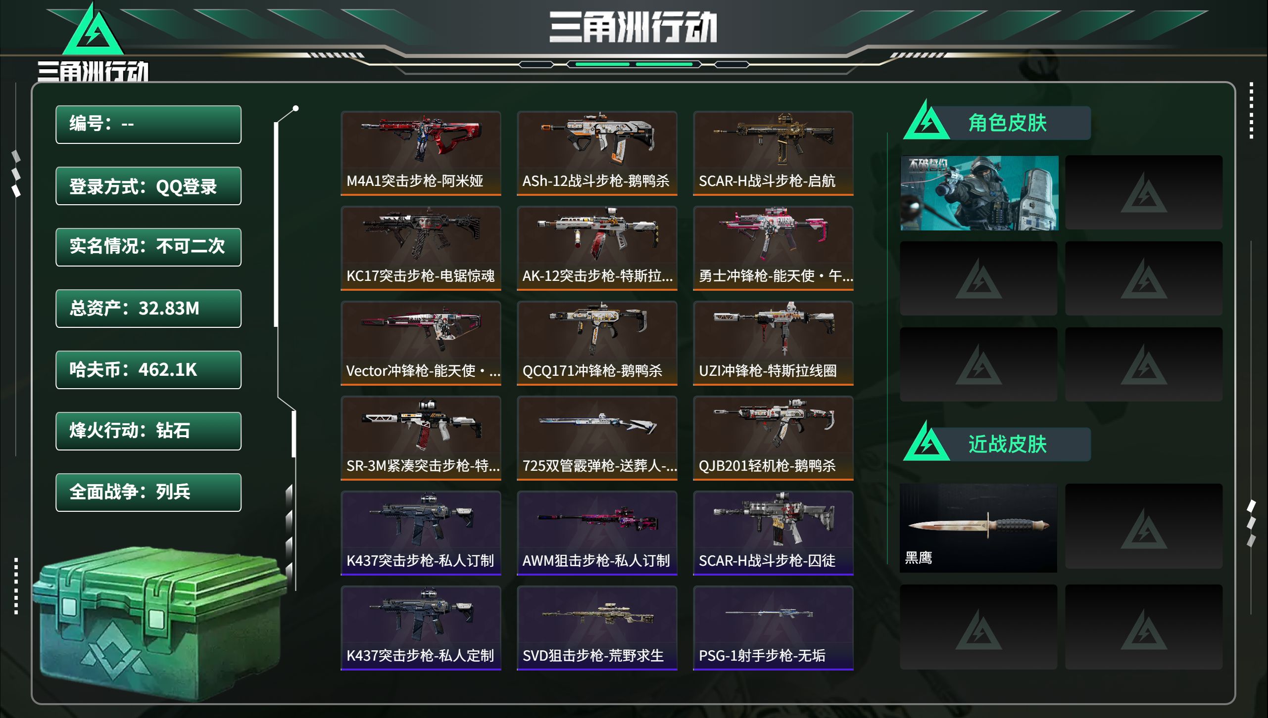 三角洲行动账号QQ总资产32.83M，哈夫币 462.1K，战场等级:5 列兵，行动等级:60 钻石，角色皮肤1，枪皮