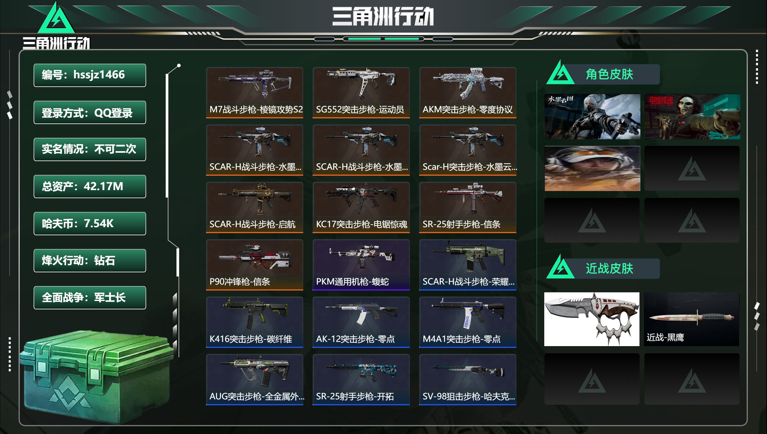 三角洲行动账号QQ总资产42.17M，哈夫币 7.54K，战场等级:46 军士长，行动等级:60 钻石，角色皮肤3，枪