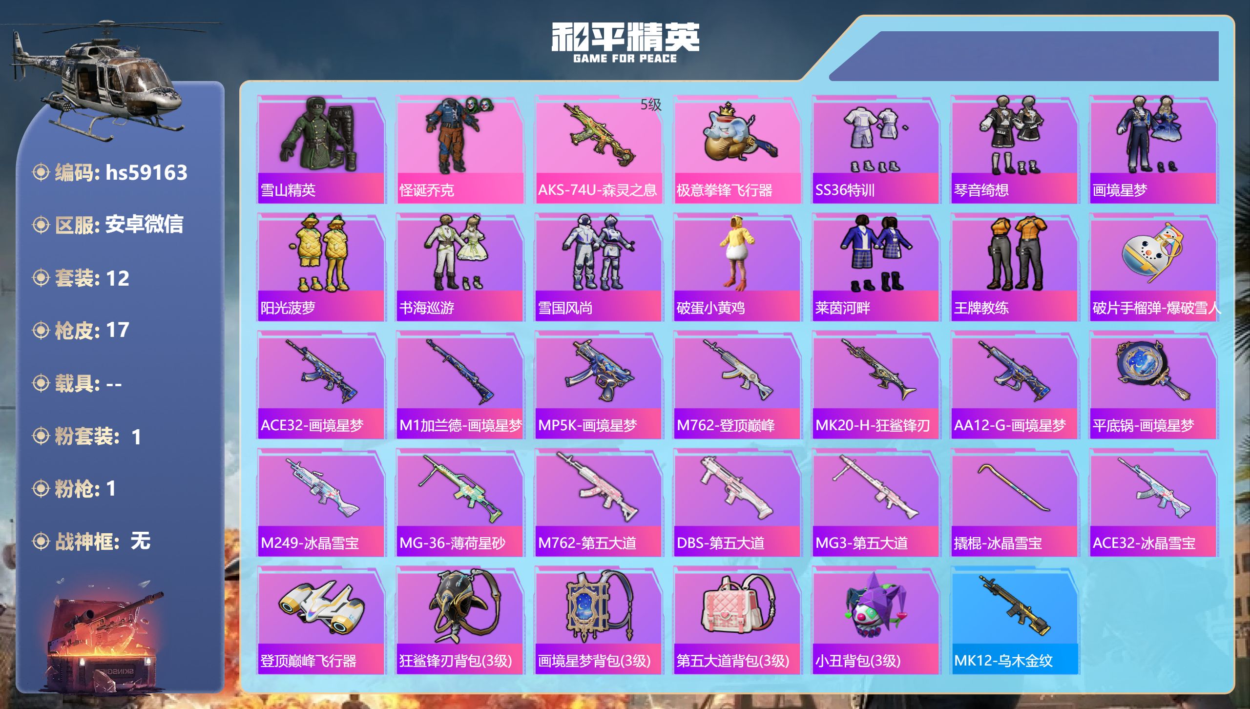 和平精英账号安卓微信hs59163 安卓微信-1王牌印记-1粉装-1特效枪-6060热力值-12套装-17枪皮
【1粉装