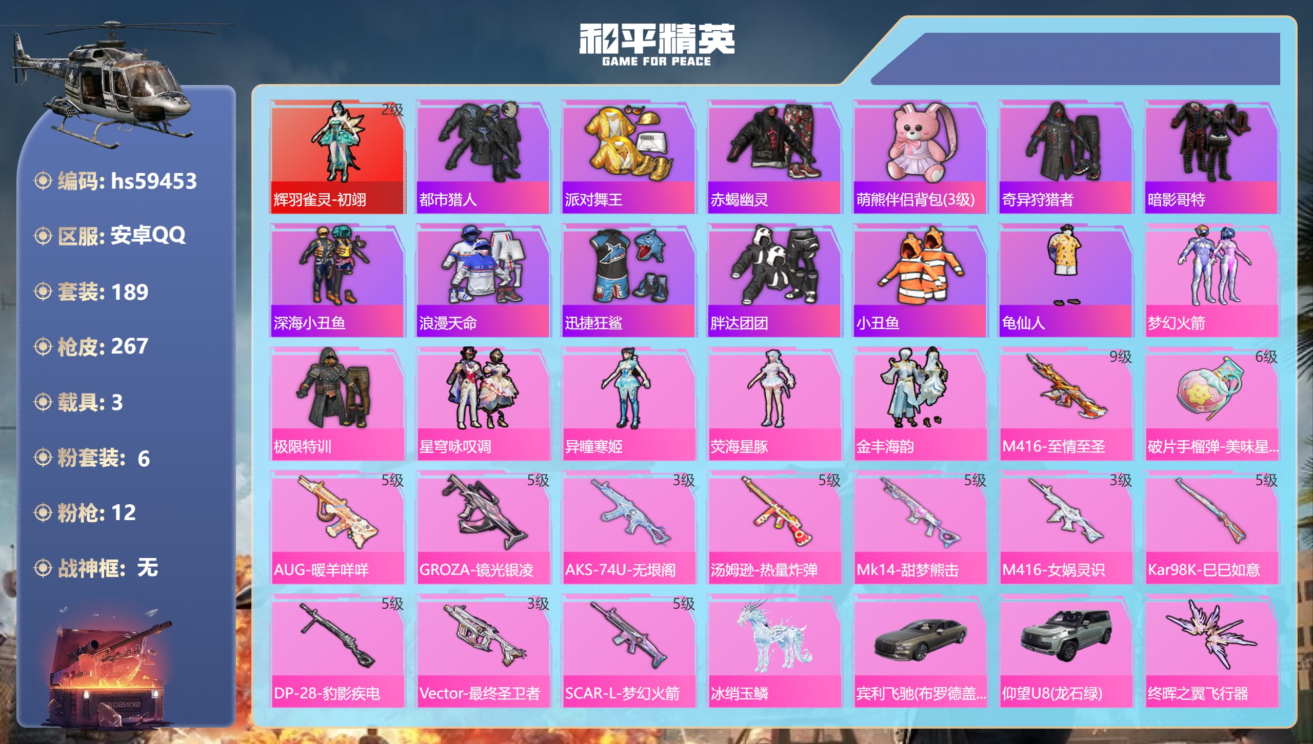 和平精英账号安卓QQhs59453 安卓手Q-15王牌印记-1红装-6粉装-12特效枪-3载具-87516热力值-189