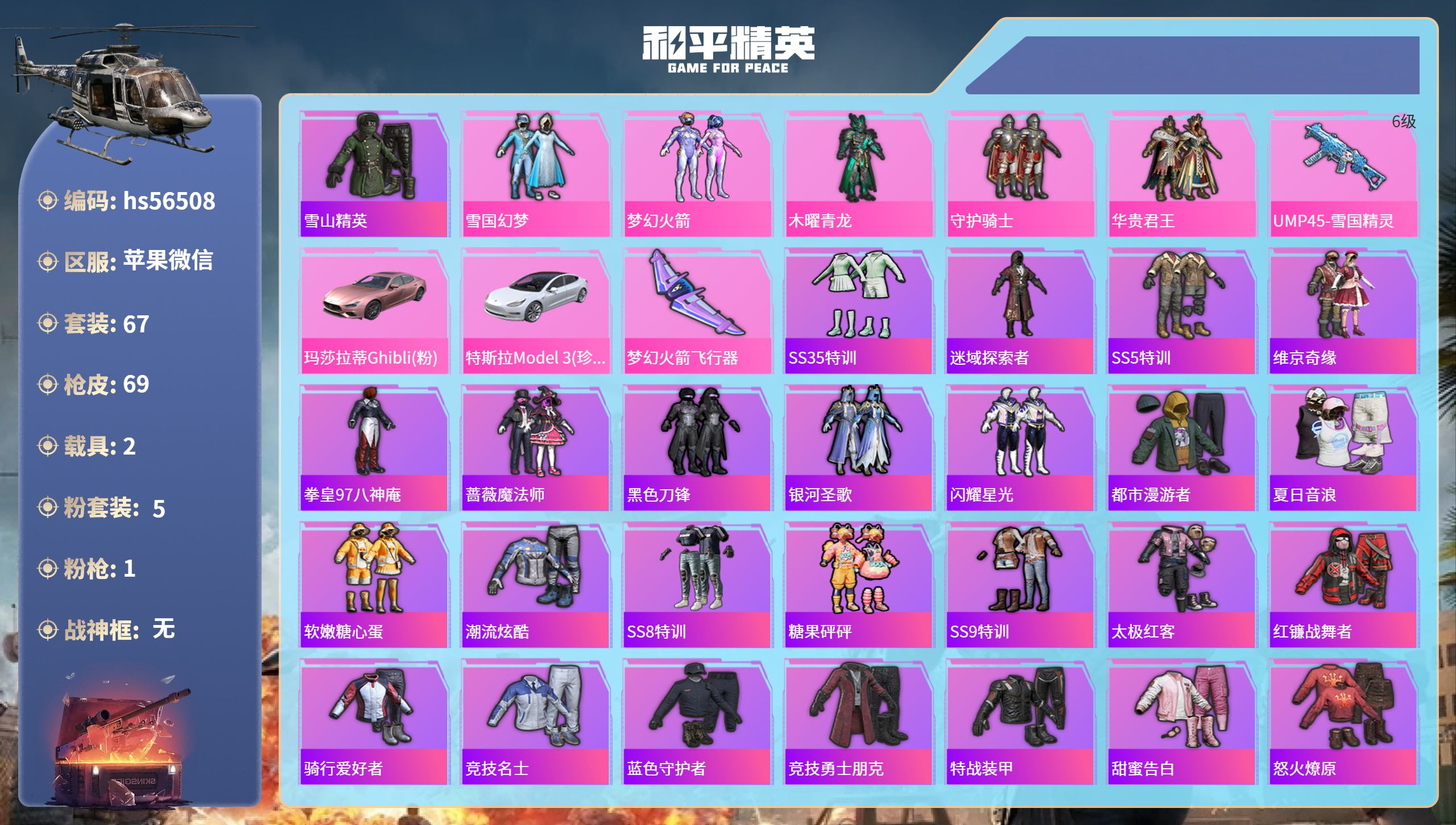 和平精英账号苹果微信2载具-67套装-69枪皮-hs56508 苹果微信-1王牌印记-5粉装-1特效枪-2载具-2660