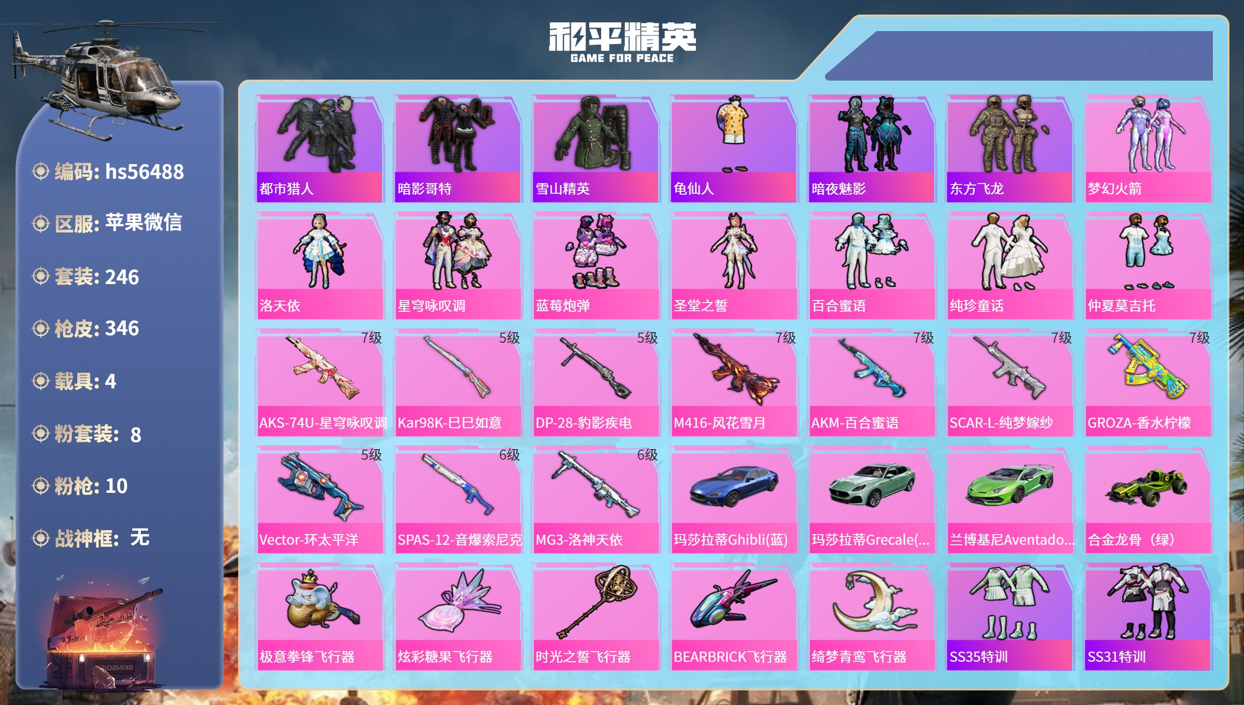 和平精英账号苹果微信hs56488 苹果微信-29王牌印记-8粉装-10特效枪-4载具-热力值-246套装-346枪皮-